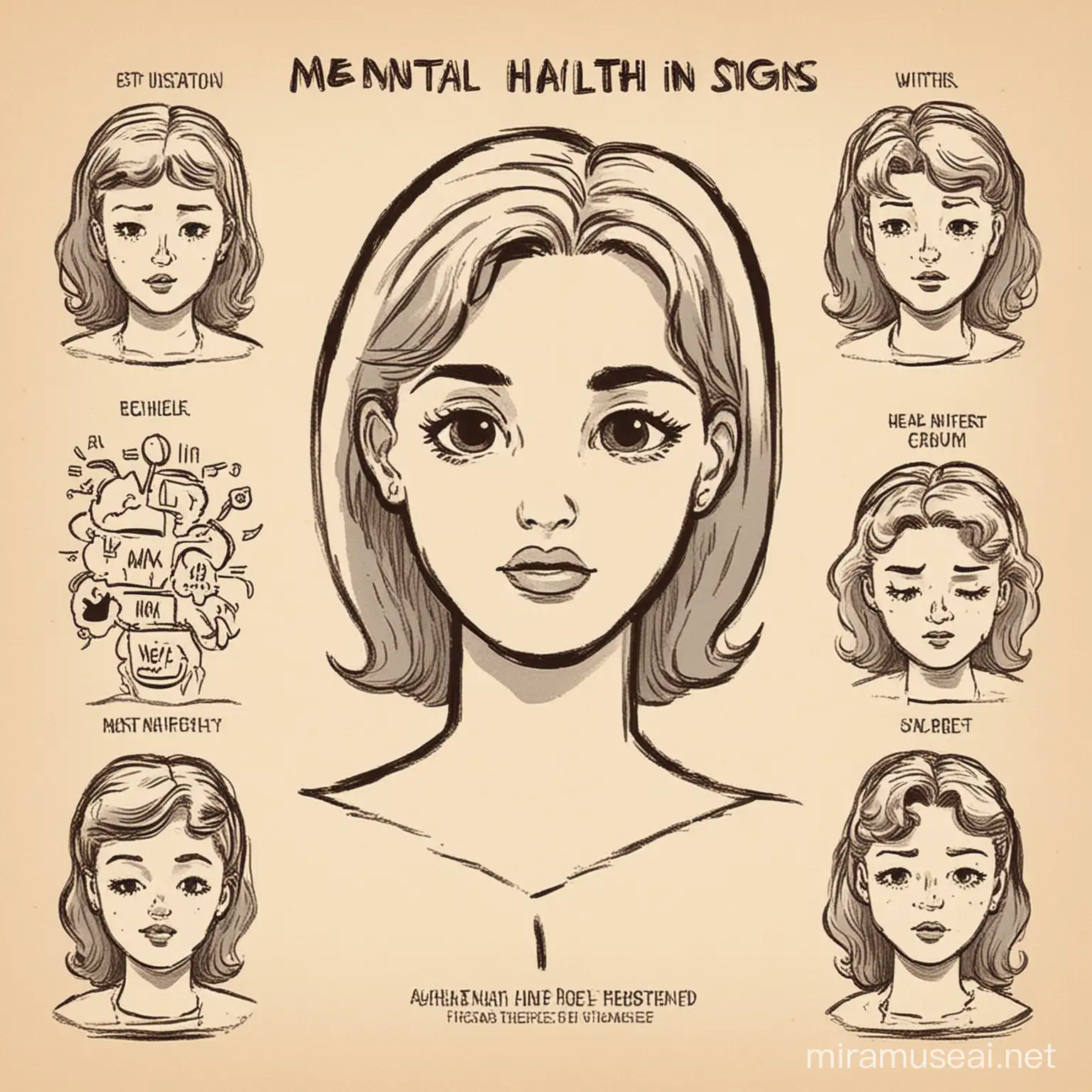 1950s Cartoon Style Depiction of Womens Mental Health Signs in Line Art