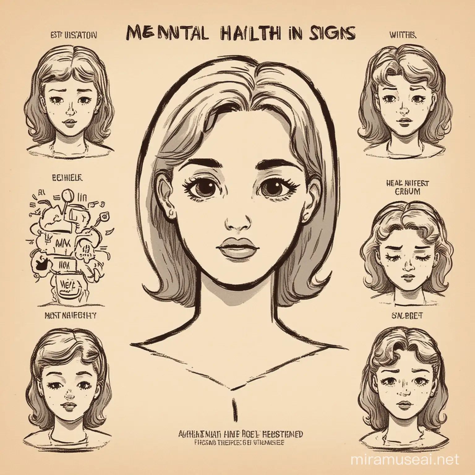 mental health in women, signs, 1950s cartoon style, line art