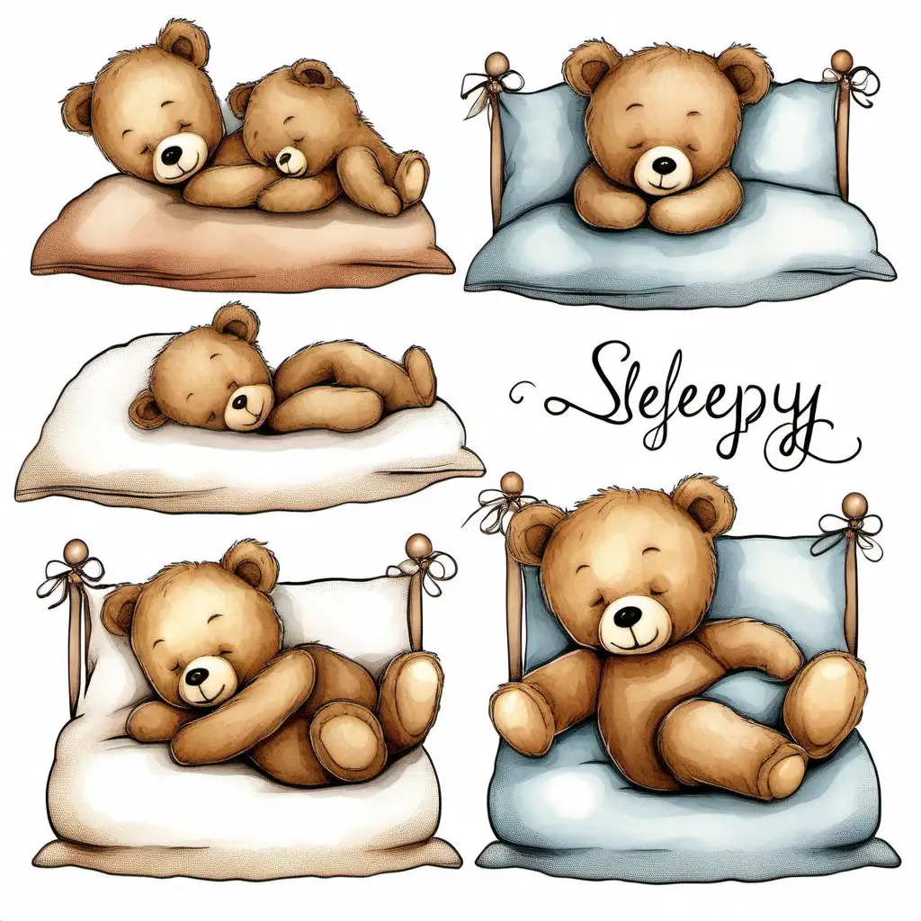 cute sleepy baby teddy bears, on pillows, whimsical illustrations, suitable for clip art, isolated on white background