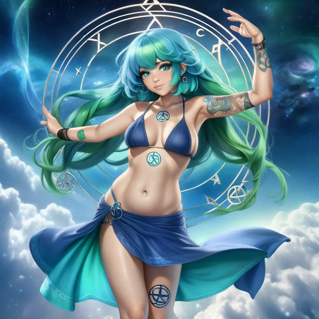 Beautiful curvy blue and green hair woman, barefoot wearing a blue swimsuit and a flowing light weight blue skirt, the pisces symbol is done like a rune wheel behind her, the pisces symbol is tattooed on her wrist, background is galaxy with whispy clouds, full body shot so you can see her barefeet, the pisces symbol should be in black on the bottom