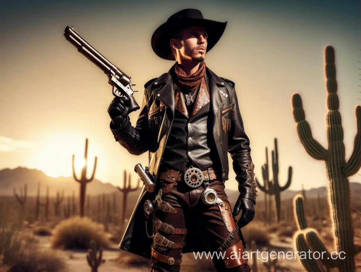 cowboy steampunk with big gun in leather jacket standing in desert with cactus sunset