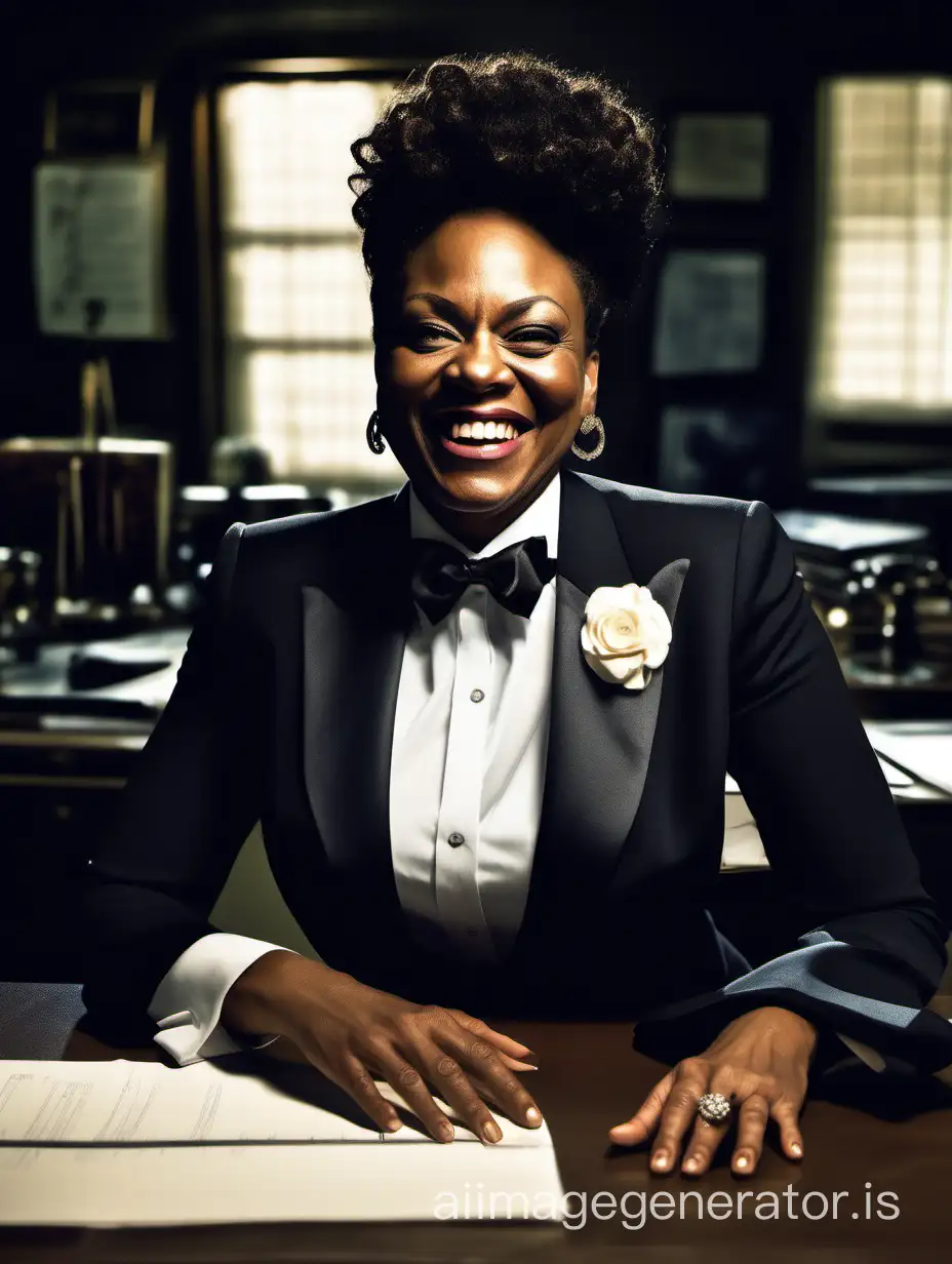 A 40 year old beautiful smiing and laughing Black woman wearing a tuxedo and sitting at a desk in a dark room.  Her jacket is open.  She has cufflinks.  Her jacket has a corsage.  She is in a dark room.