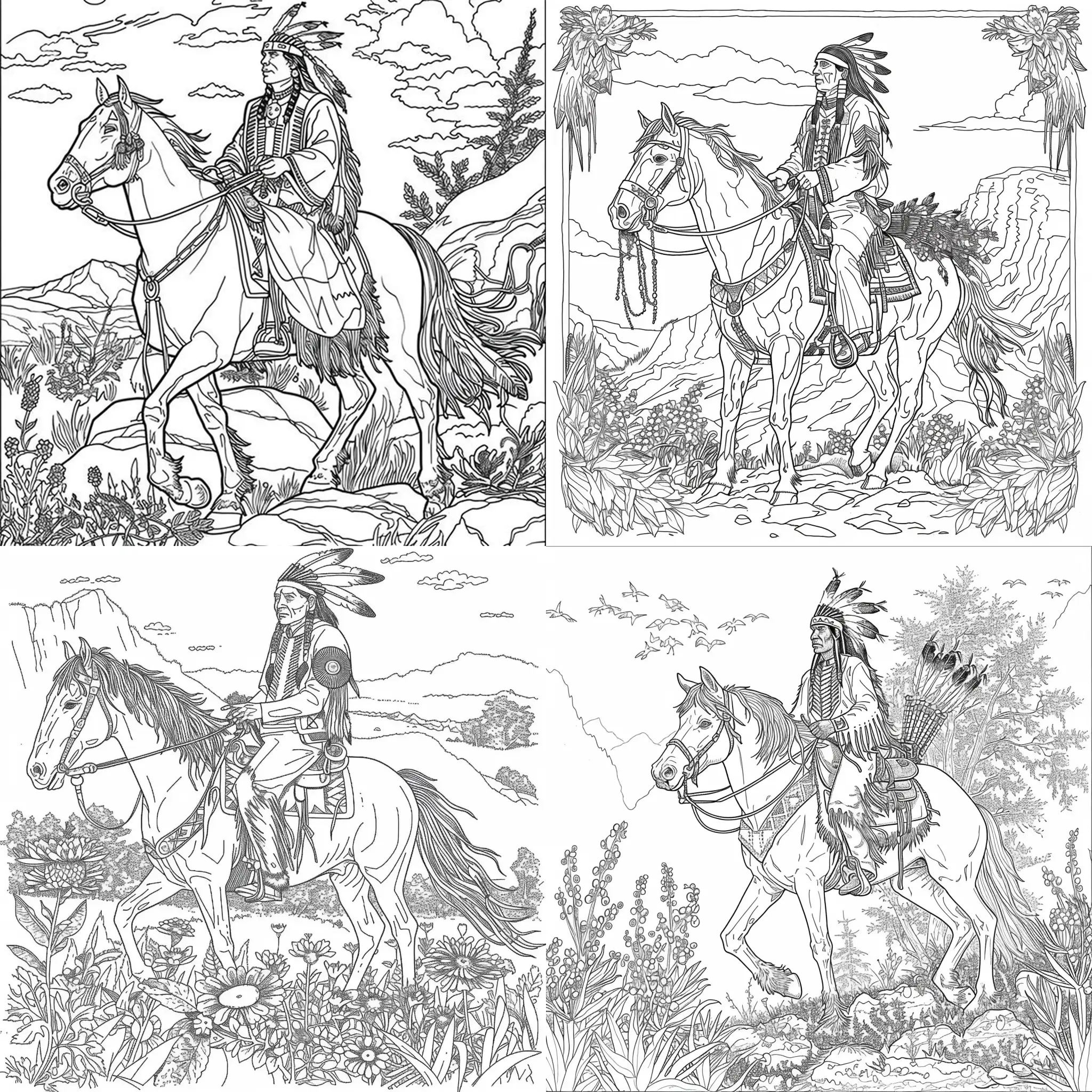 Imagine a Native American coloring book page with no backgroud and a Native American medicine man riding his horse and carrying herbs for a 8.5 x 11 page