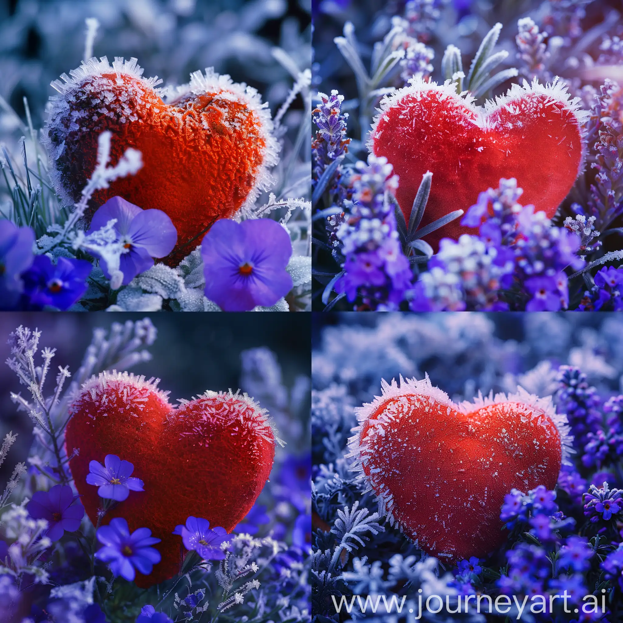 Красное объемное сердце в инее в иголочках инея   по краям , лежит в фиолетово- голубых цветочках, профессиональное фото, высокое качество