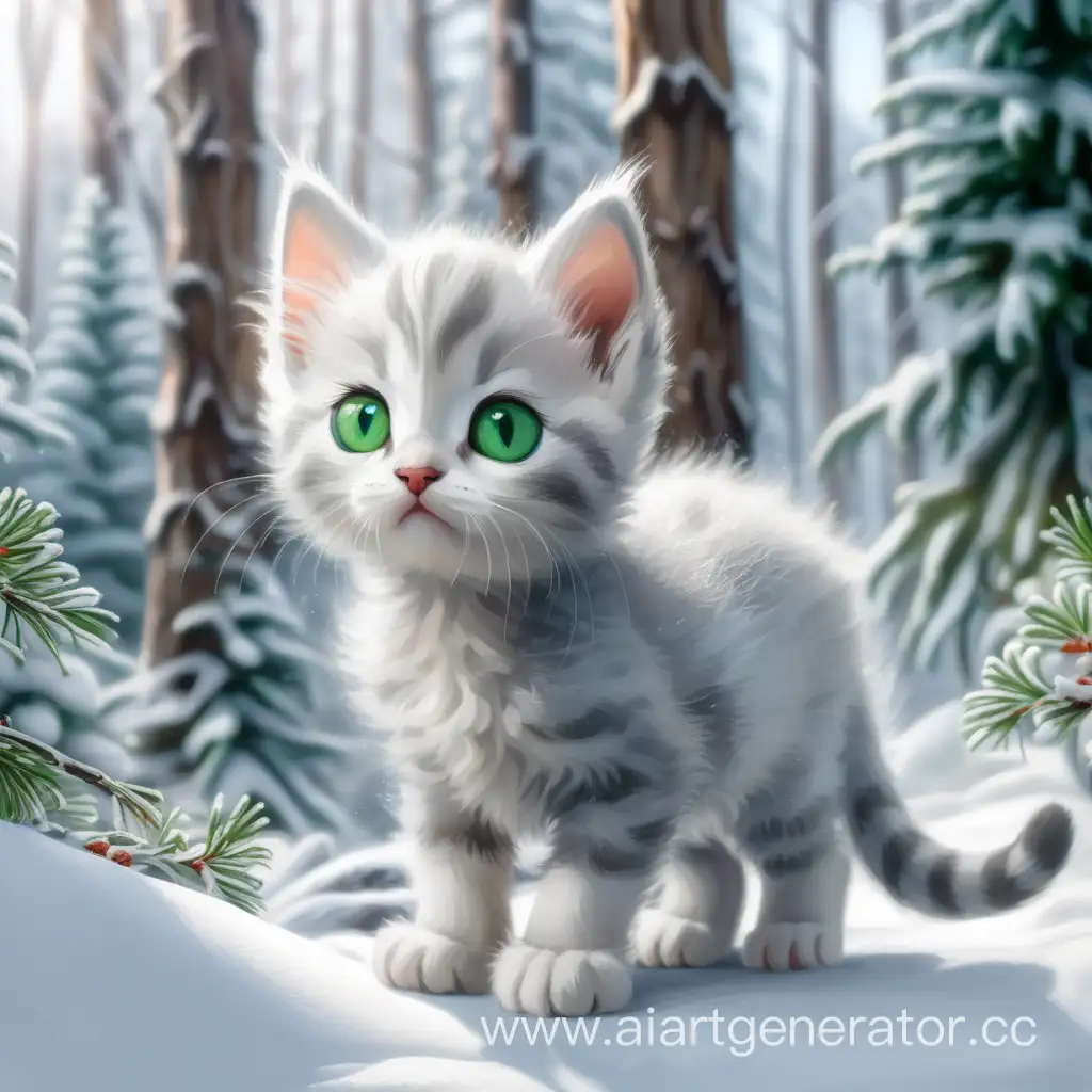 WhiteGrey-Kitten-with-Big-Green-Eyes-in-Winter-Forest