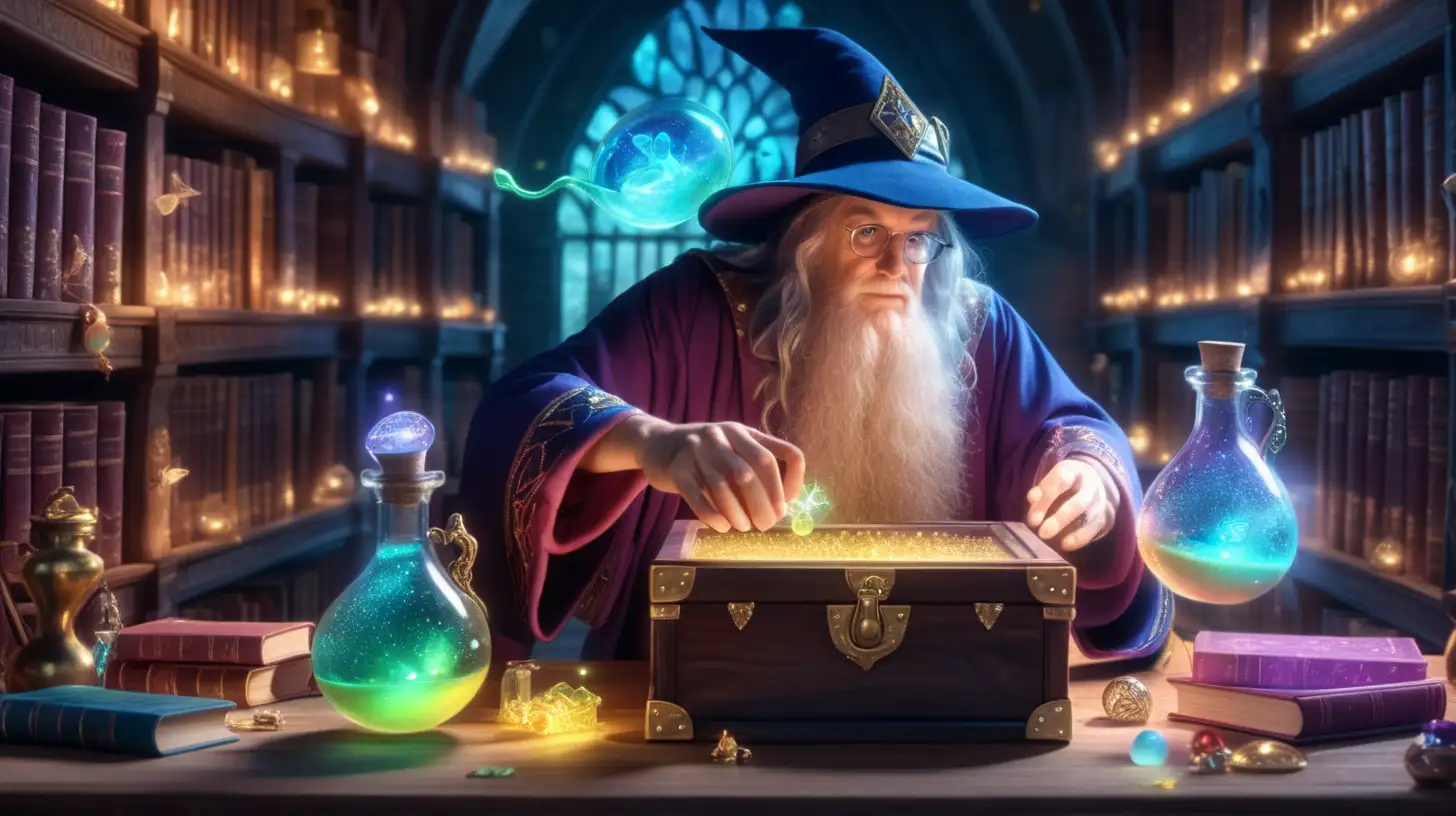 a magical wizard searching through a treasure box of floating, glowing potions with iridescent glow, fairytale, magical, library 8K.