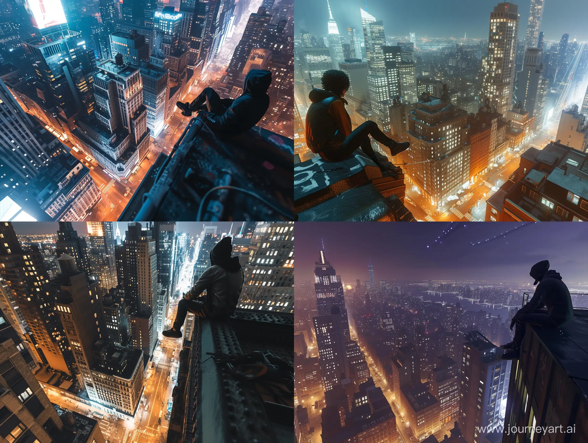 Capture stunning images of the open world surroundings in Manhattan, New York. Take the photos from a 3rd-person viewpoint while sitting on the edge of a tall rooftop building at nighttime. The cityscape has a science fiction-like quality.




