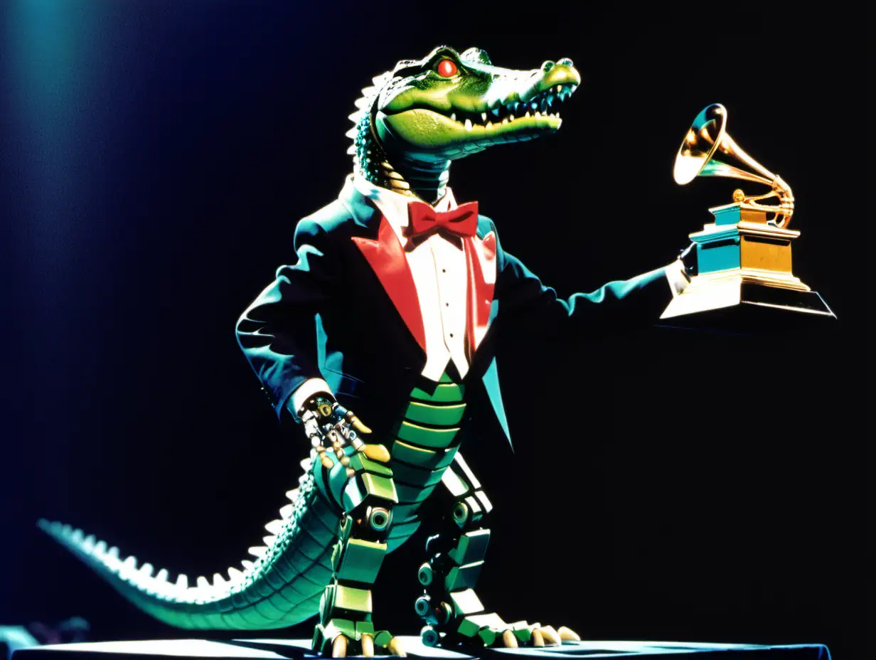 1994, movie still, side view, film grain, scanlines, robot crocodile in a tuxedo, winning a grammy, stage