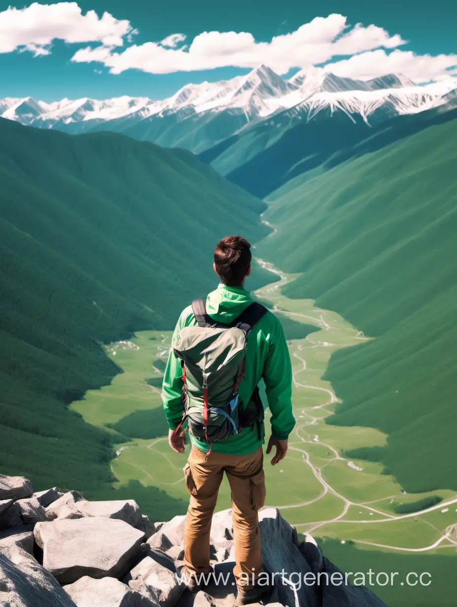 Hiker-Admiring-Majestic-Snowy-Mountains-from-Rocky-Ledge