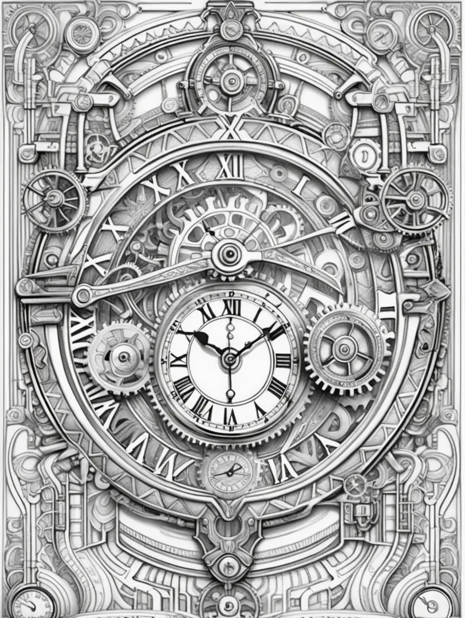 Coloring book pages with much white space that describes this paragraph"  CLOCK quantum entangled steampunk maze steampunk DECO