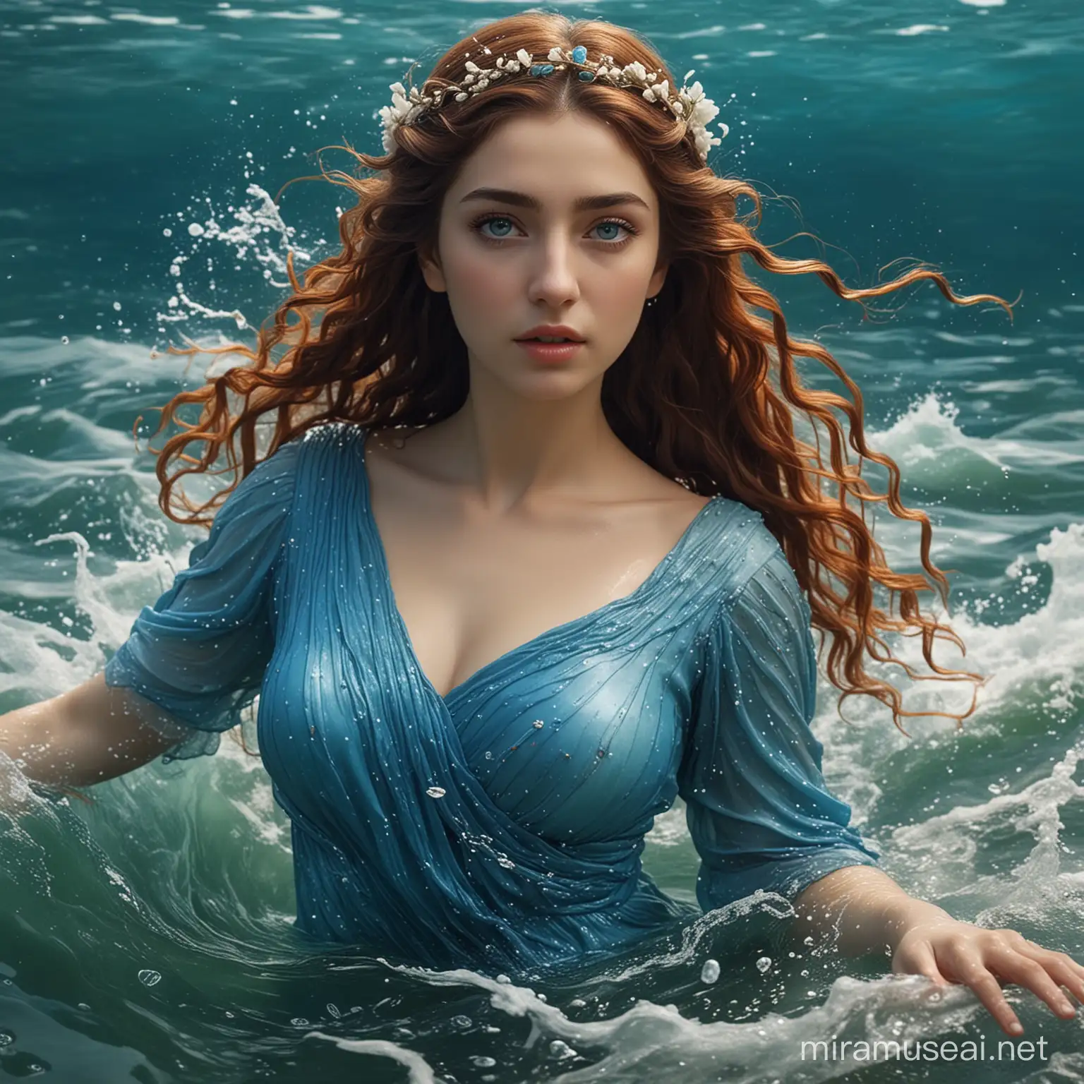 Kimiya Hosseini Portrays Leucothea Greek Goddess of the Sea in Ethereal Blue Dress