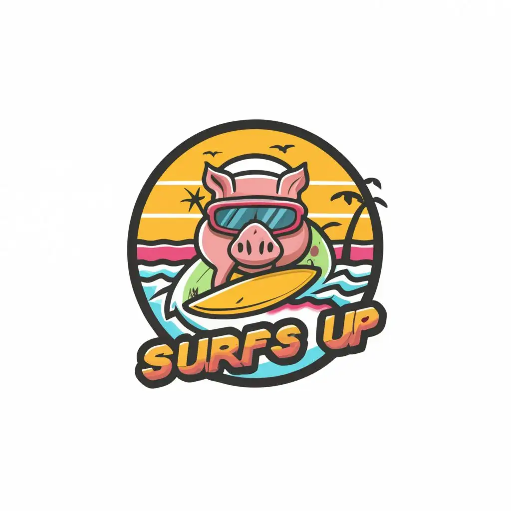logo, Surfs Up, funny pig with 80s style clothing and sunglasses, surfing, , Contour, Vector, White Background, Detailed ,vector, sharp outline, no jagged edges, bright vibrant Neon colors, Contour, narrow black outlined image, very sharp lines , white Background, highly Detailed, make large image, with the text "Surfs Up", typography
