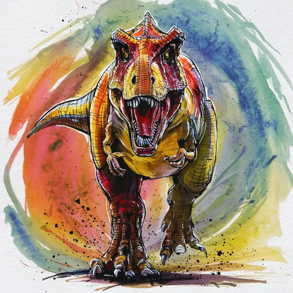 A wild tyrannosaurus rex in full roar, charging directly towards the camera with a fierce expression. The image is captured in a dynamic watercolor style, showcasing extreme vibrant colors and fluid brushstrokes. Splashes and splatters of vibrant colors around the tyrannosaurus rex suggest its swift movement and wild energy. The body is particularly detailed with bright colors to emphasize its impressive size and the tyrannosaurus rex's regal presence.
