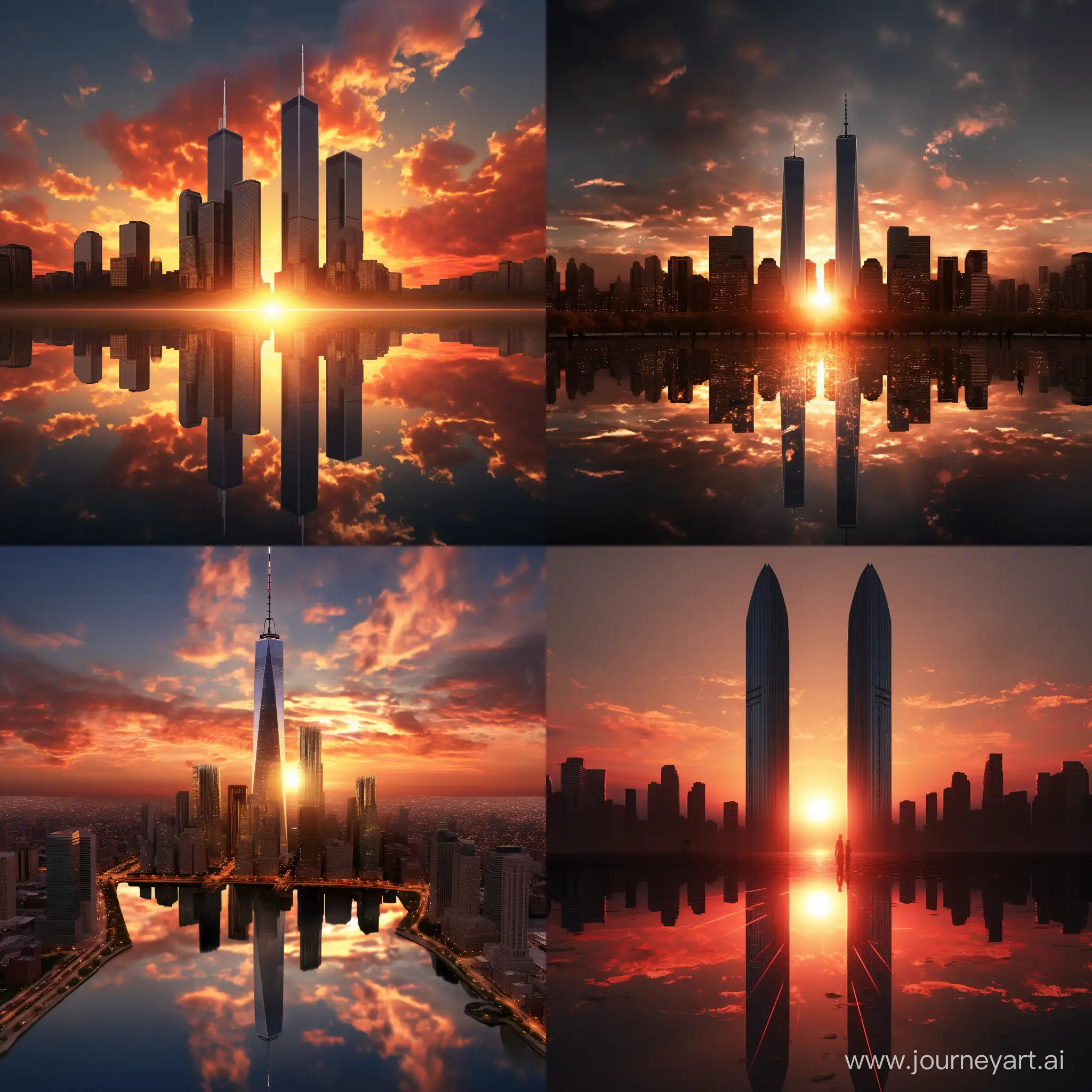 Twin towers, NYC, sunset, 4k