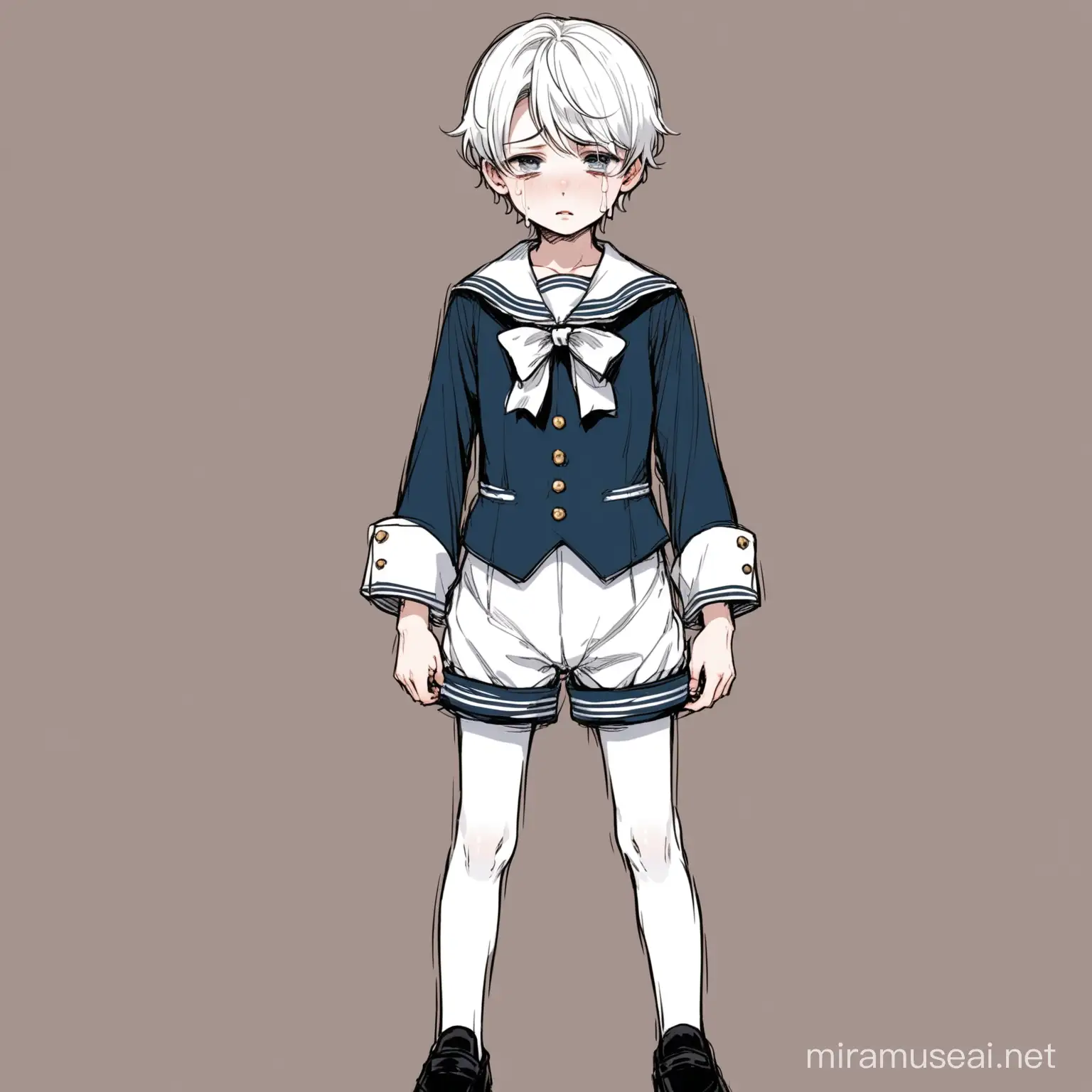 A very beautiful boy, 15 years old, skinny, no muscles, short hair, white skin, crying after his mother forced him to wear baby clothes and because he was naughty.  The boy now wears a childish Victorian-era sailor suit,shorts , and white pantyhose.