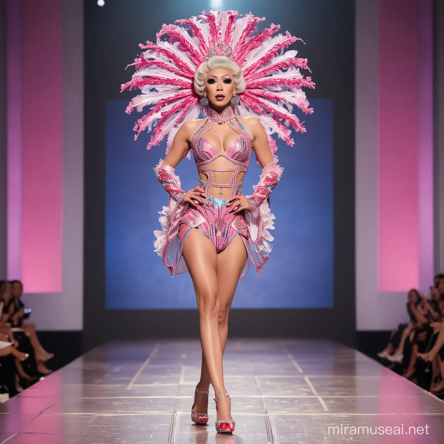 a full body image of a skinny chinese drag queen walking on the Rupaul's Drag race runway wearing an outfit inspired by the prompt: engines