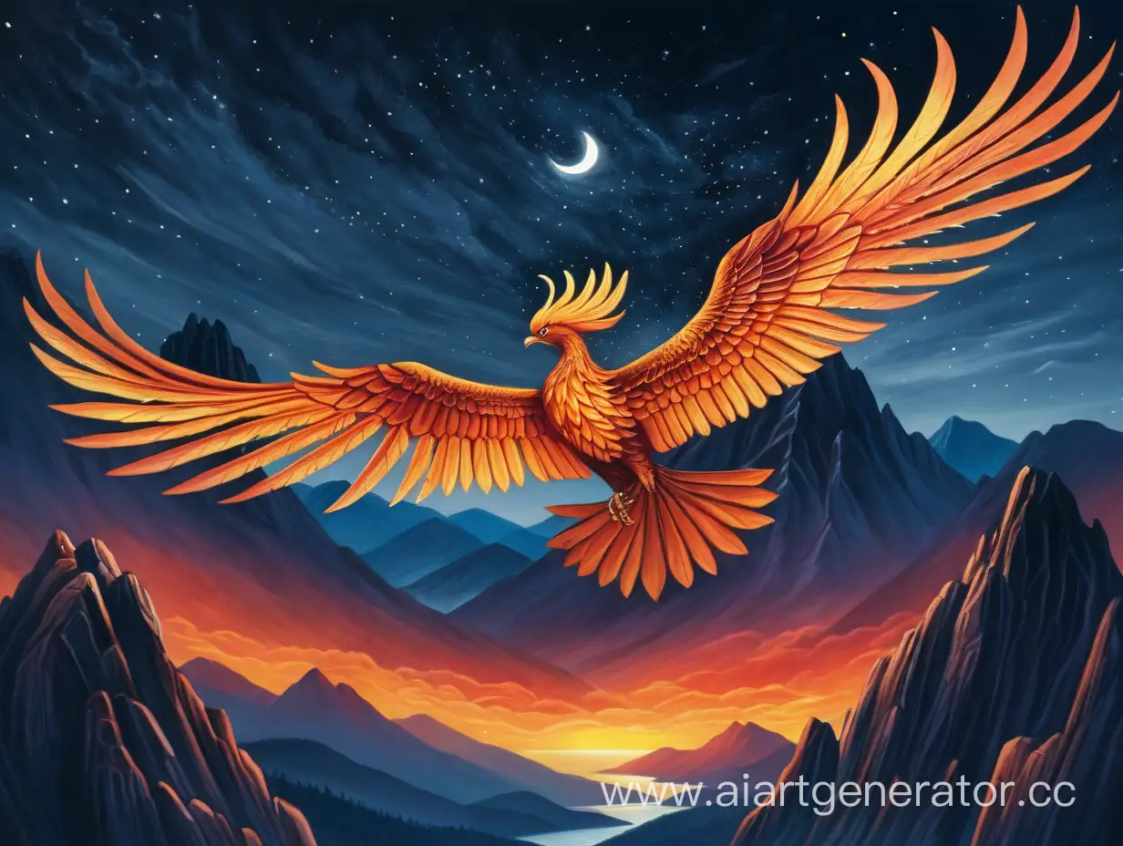 The phoenix flies over the mountains at night