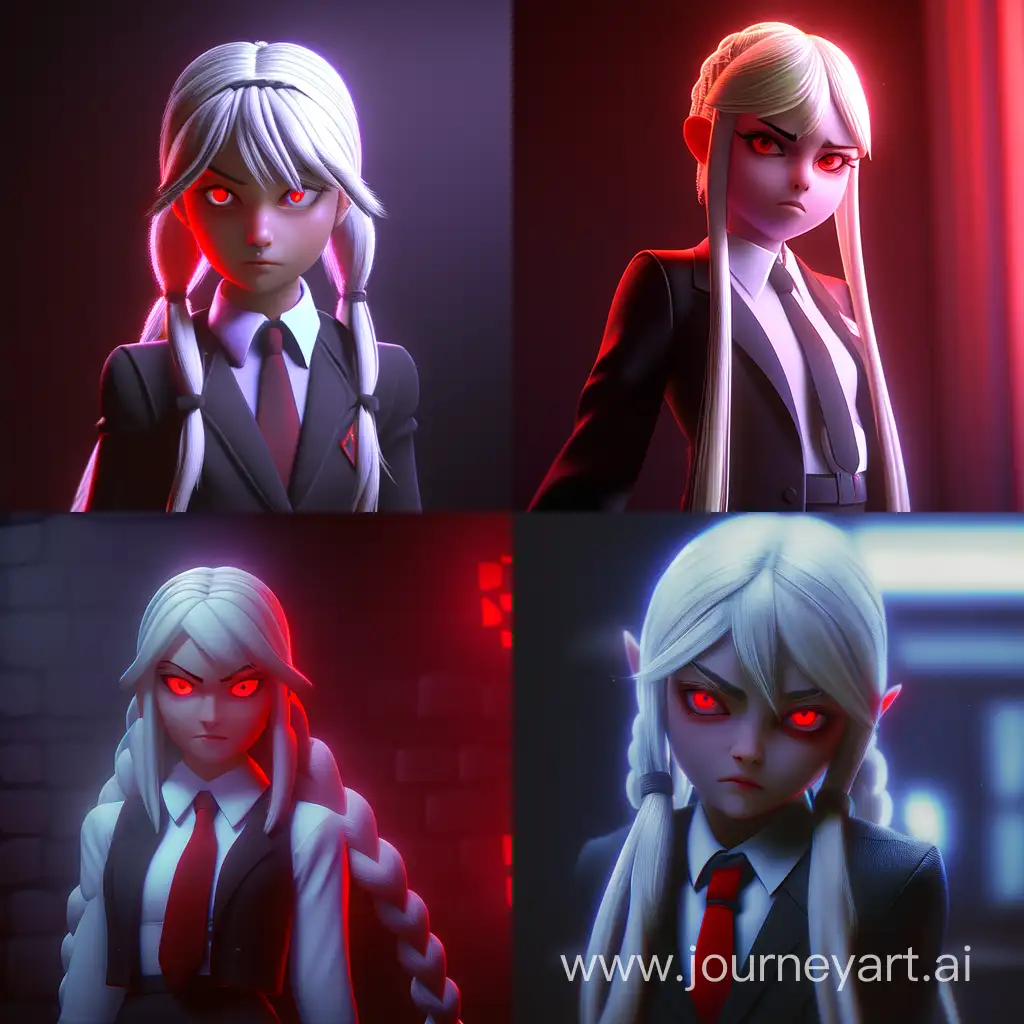 vampire sad girl with pale white skin, with long braided white hair, with black office shirt and red tie and black vest, with glowing red eyes, rtx, 8k, hdr, in dark gothic cyberpunk with red lights, in anime studio trigger style --niji 4 --ar 1:1 --no 73722