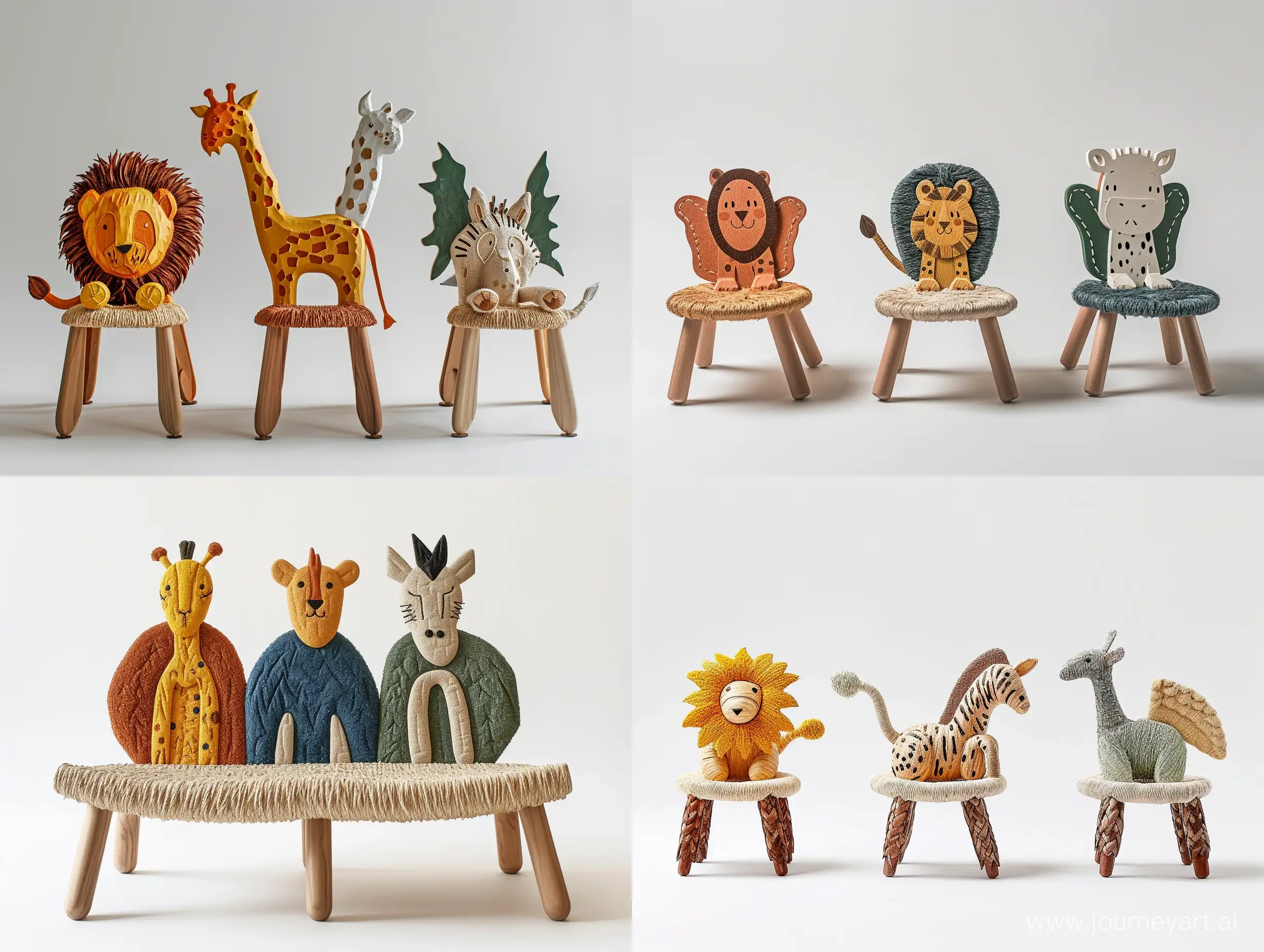 imagine an image of a minimal sturdy children’s  chair inspired by Children's drawing of cute safari animals like cute lion or zebra or griffin or cheetah or hippocampus , with backrests shaped like different creatures. Use recycled wood for the frame and woven plant fibers for seating areas, depicted in colors representative of the chosen animals. The seat should stand approximately 30cm tall, built to educate about wildlife and ensure durability.unreal ,realistic style