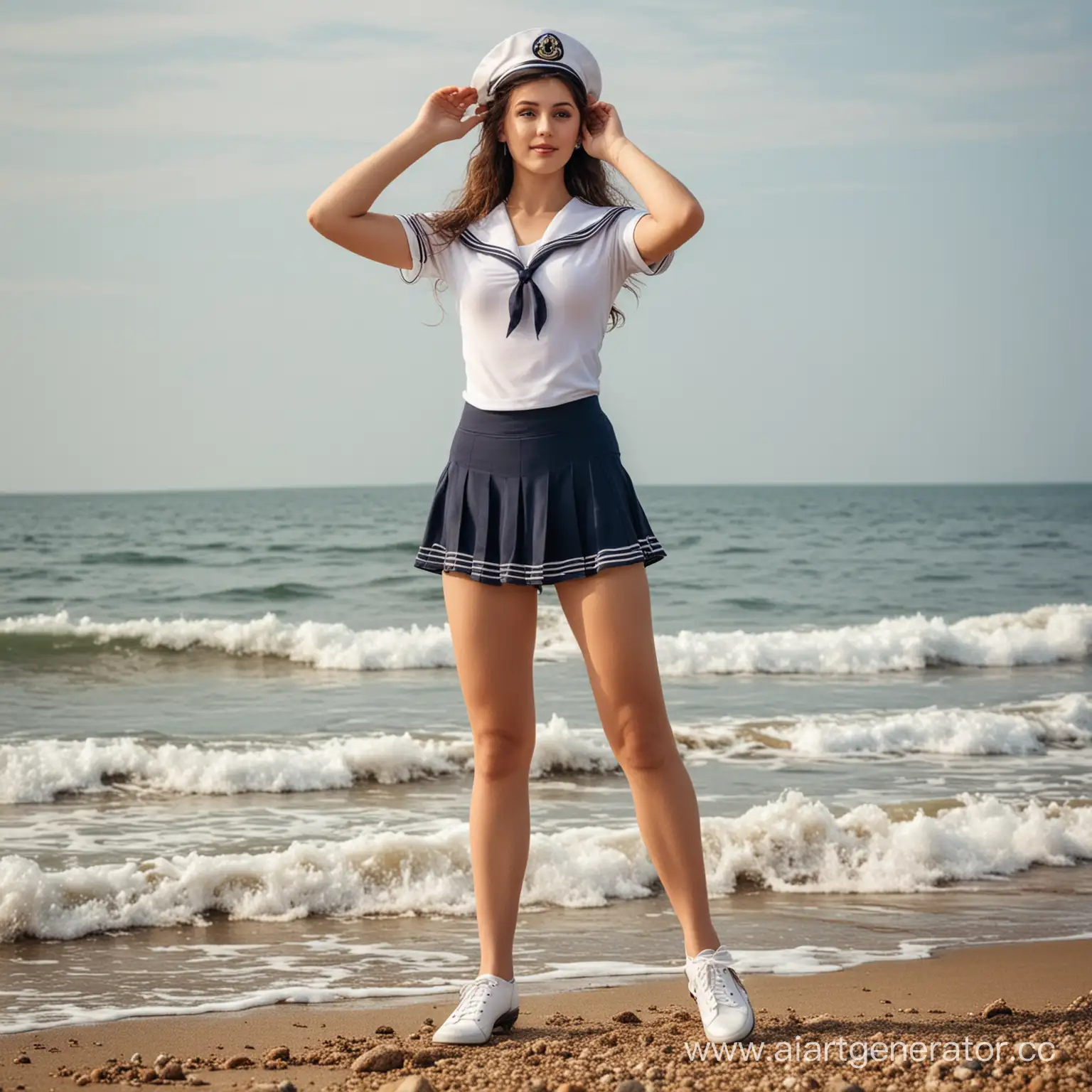 Sailor-Girl-Standing-on-Seashore-at-Sunset