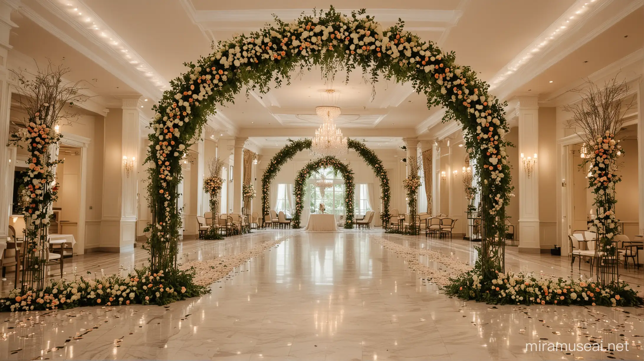 inside grand hotel lobby with wedding arbor of flowers