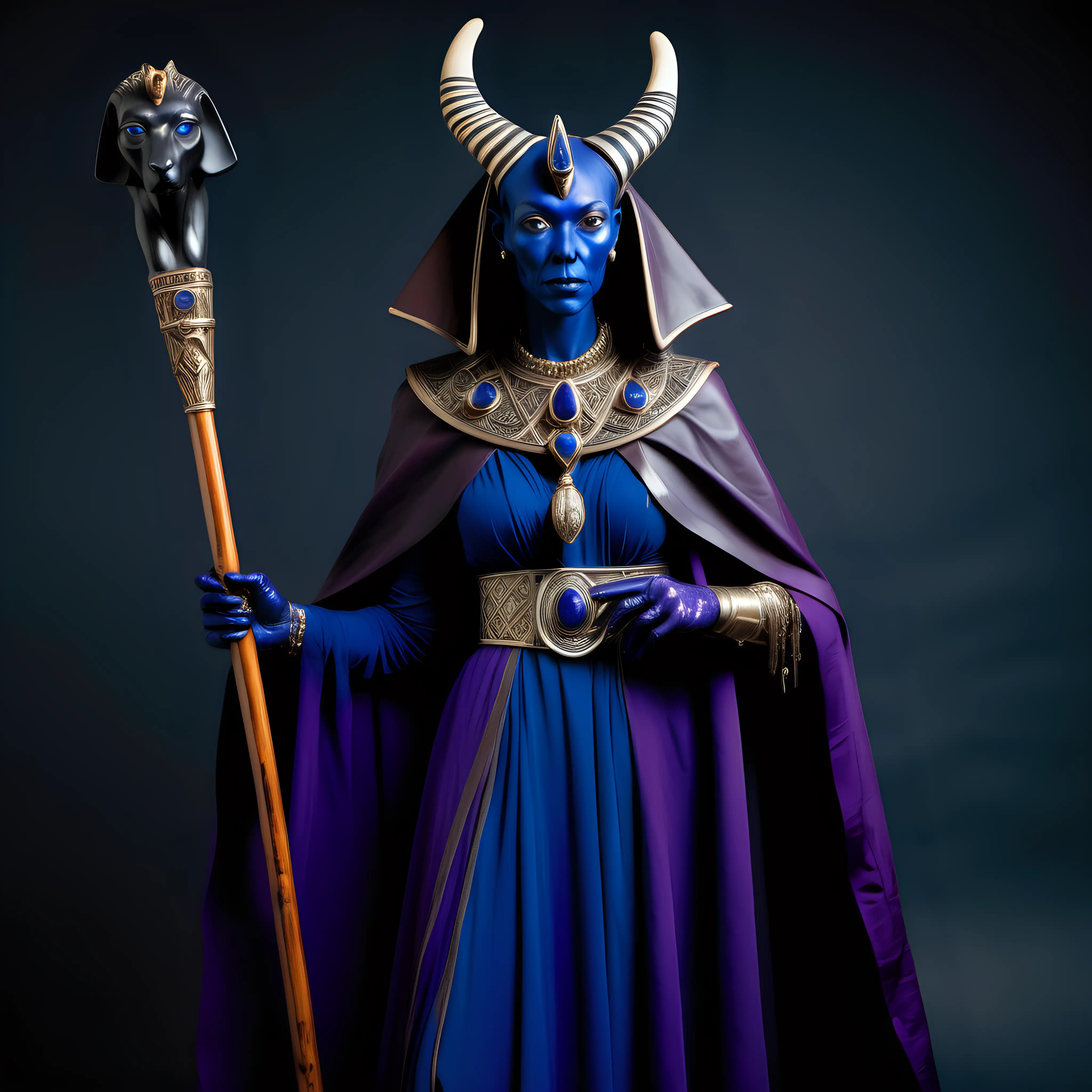 an ancient  Norse Witch is dressed in a deerskin cape with a silver filligree brooch at the front. She has a long purple dress underneath the cape. She holds a carved wooden staff with an egyptian Osiris carved into the staff, it has Lapis lazuli gemstones embeded into the staff, on the top is the head of Anubis
