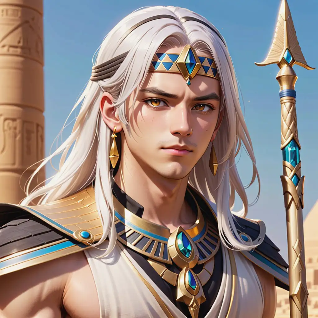 Cyno from Genshin Impact, young man with long flowing white hair, golden eyes, neutral expression, no circlet, no headband, no headdress, dressed like an Egyptian pharaoh with wide gold collar on chest, ancient Egyptian attire, holding a spear, nothing on head