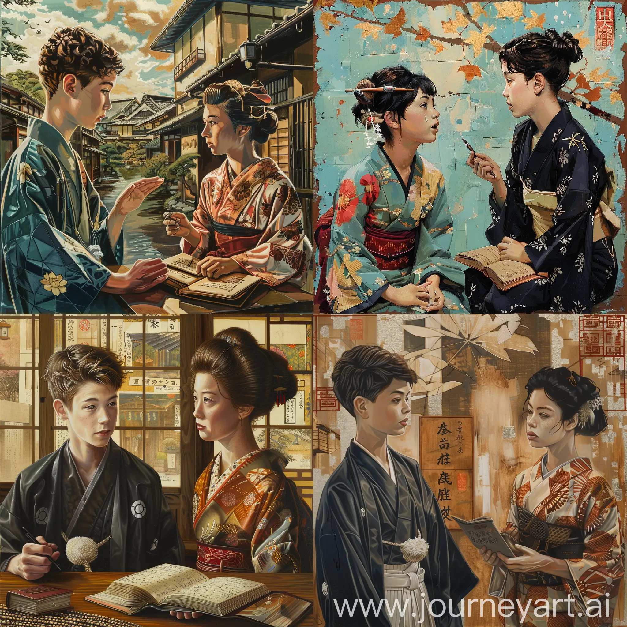 Japanese 18 year old boy and servant woman in kimono having difficulty communicating, reflecting collective perseverance, learning environment, dreamy mood, relief, east village art, storybook bookcover.