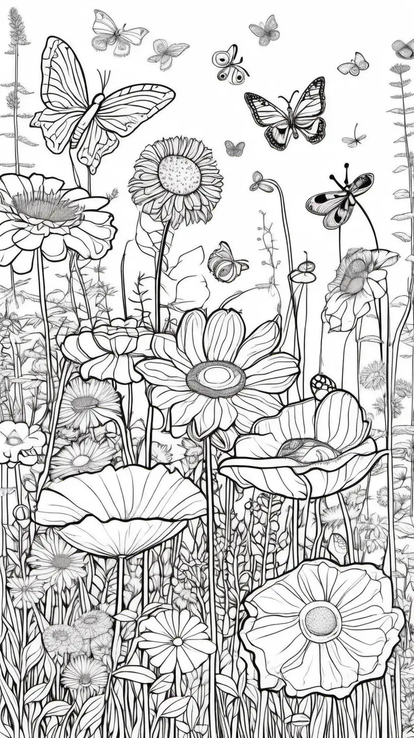 Whimsical Meadow Coloring Page with Oversized Flowers and Playful Butterflies