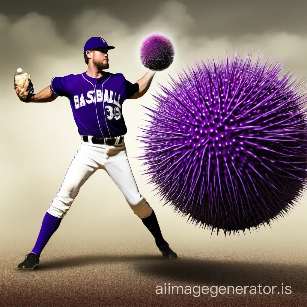 baseball pitcher throwing a purple sea urchin instead of a baseball