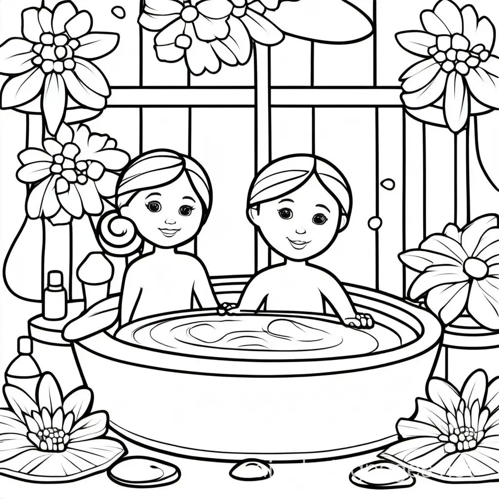 spa love, Coloring Page, black and white, line art, white background, Simplicity, Ample White Space. The background of the coloring page is plain white to make it easy for young children to color within the lines. The outlines of all the subjects are easy to distinguish, making it simple for kids to color without too much difficulty