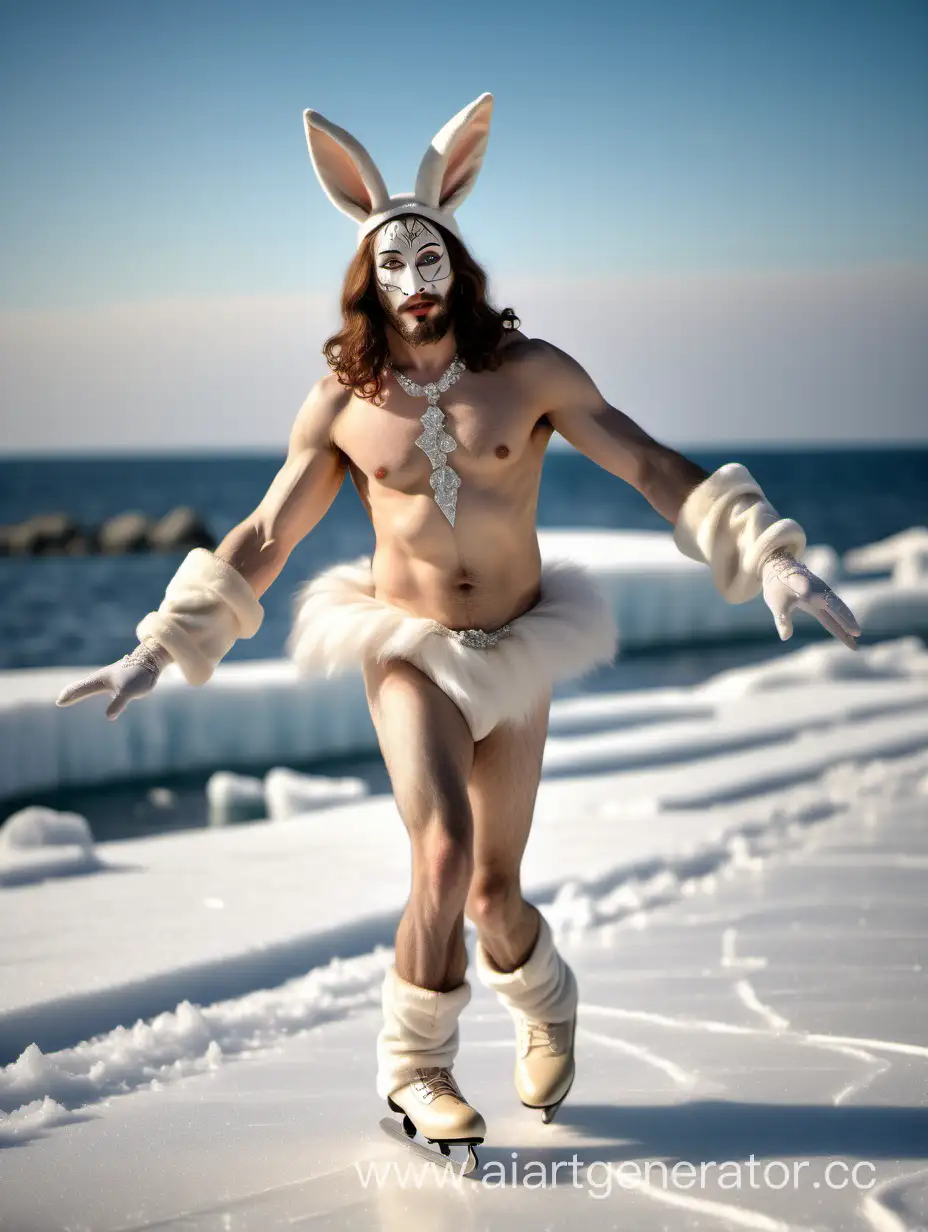 Исус Христос мужчина в костюме кота в виде кота обнаженный с бриллиантами на коньках в снегу в стиле прерафаэлитов в солнечном свете танцует балет на льду на берегу моря в кружевных трусах с белым кроликом 