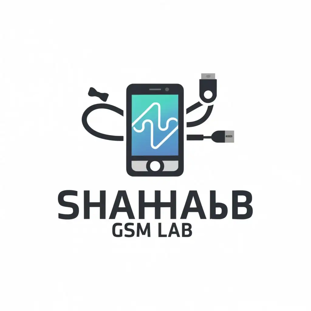 a logo design,with the text "Shahab GSM Lab", main symbol:Smartphone with stethoscope attached from sides and a usb cable attached at charging port at bottom, be used in Technology industry