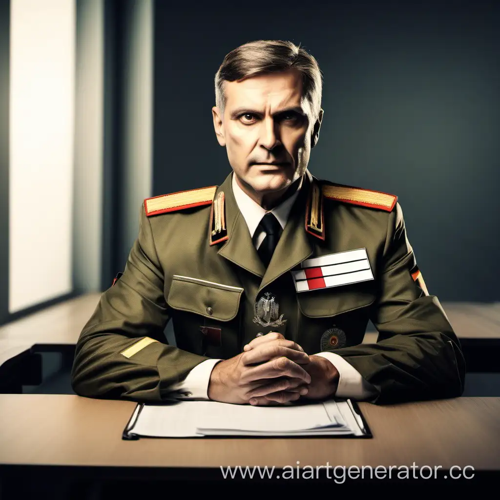 Ведущий новостей в военной немецкой форме сидит за столом и говорит экстренные новости