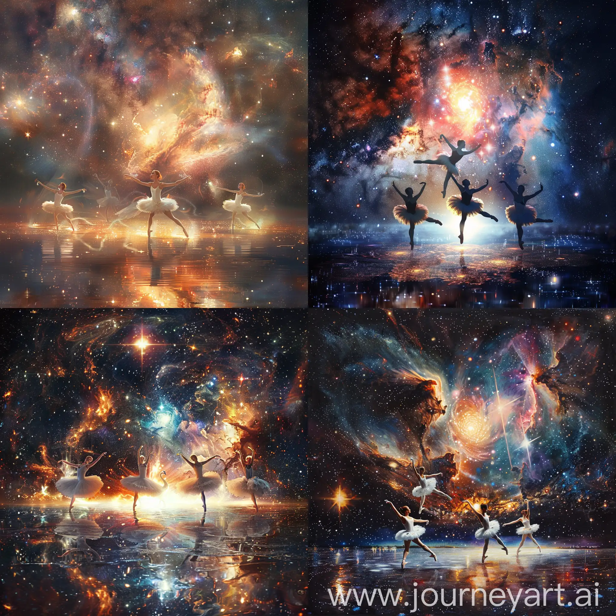 Балерины танцуют Лебединое озеро, на заднем плане звезды, галактики, сверхновая звезда, яркий, космический, астрономия, динамическая сцена