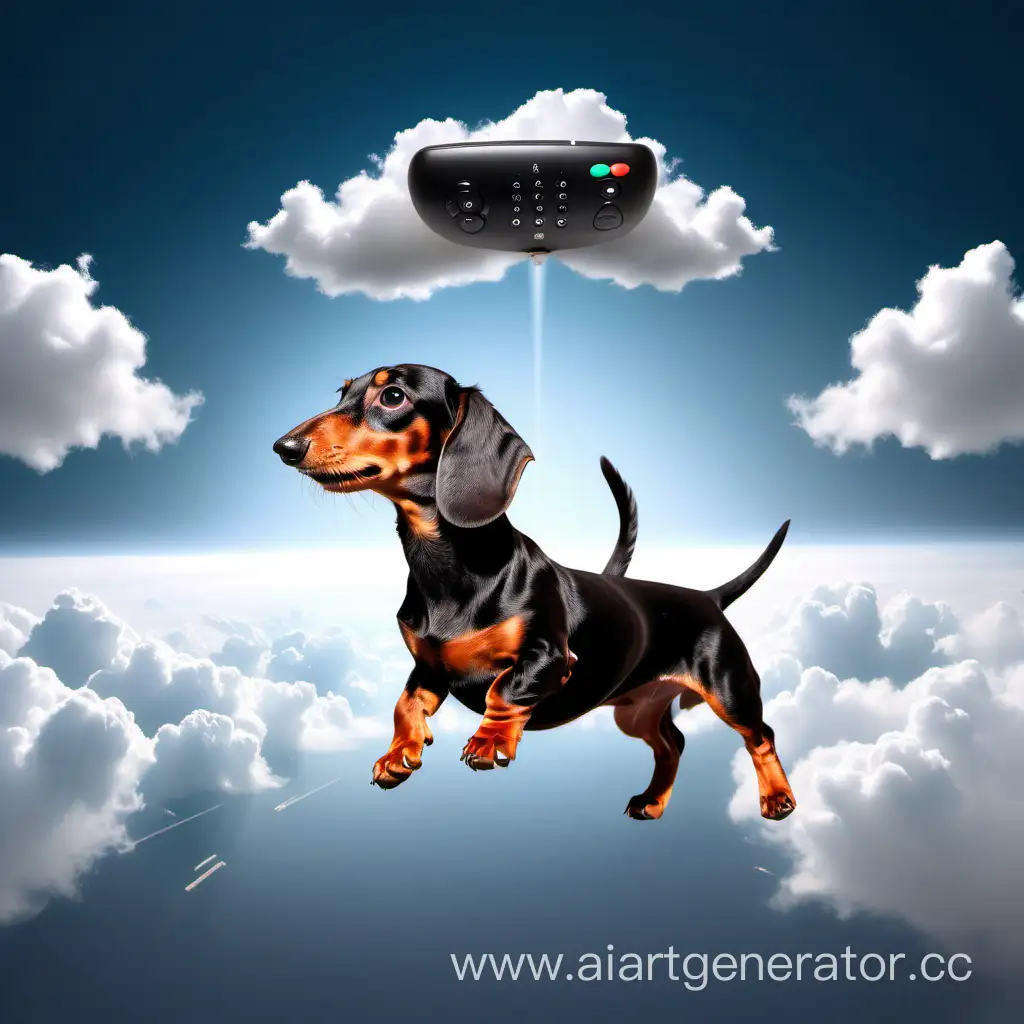Dachshund from the clouds presses the remote control and controls the world