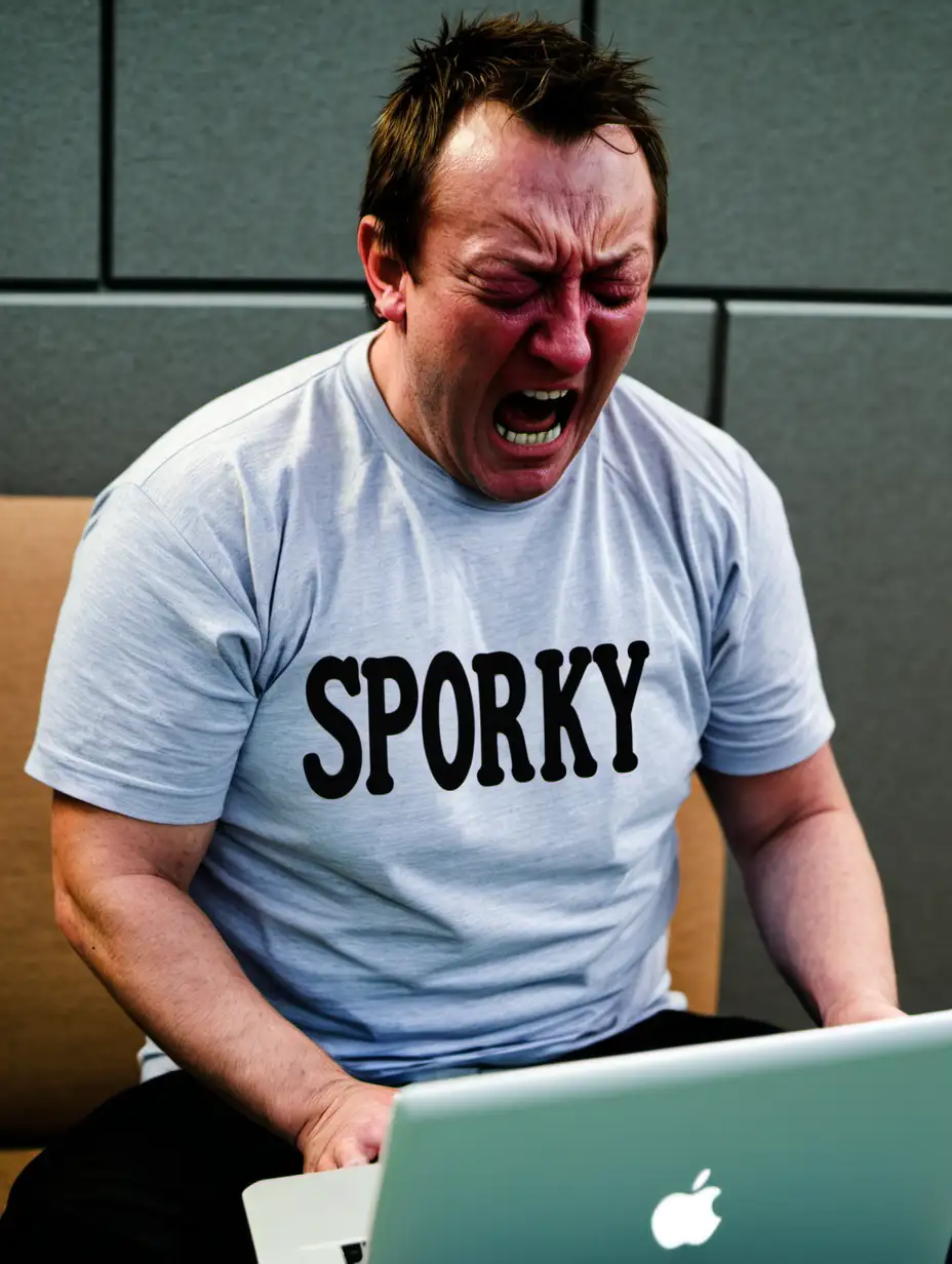 A man with a tshirt on that says "Sporky" crying into a laptop