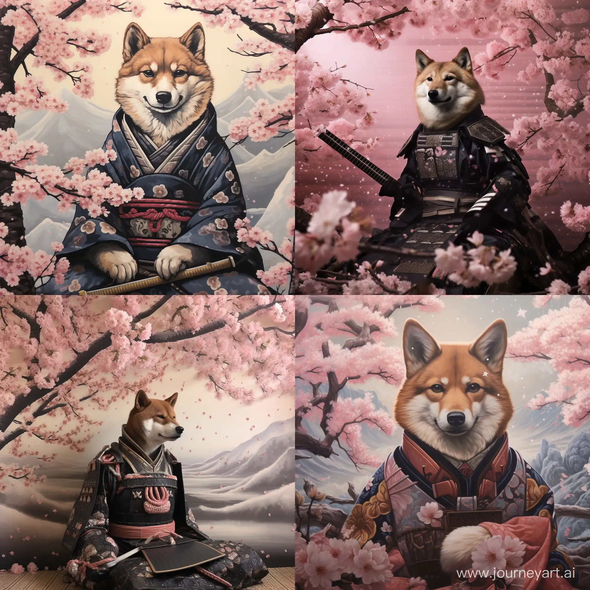собака сиба ину самурай на фоне сакуры