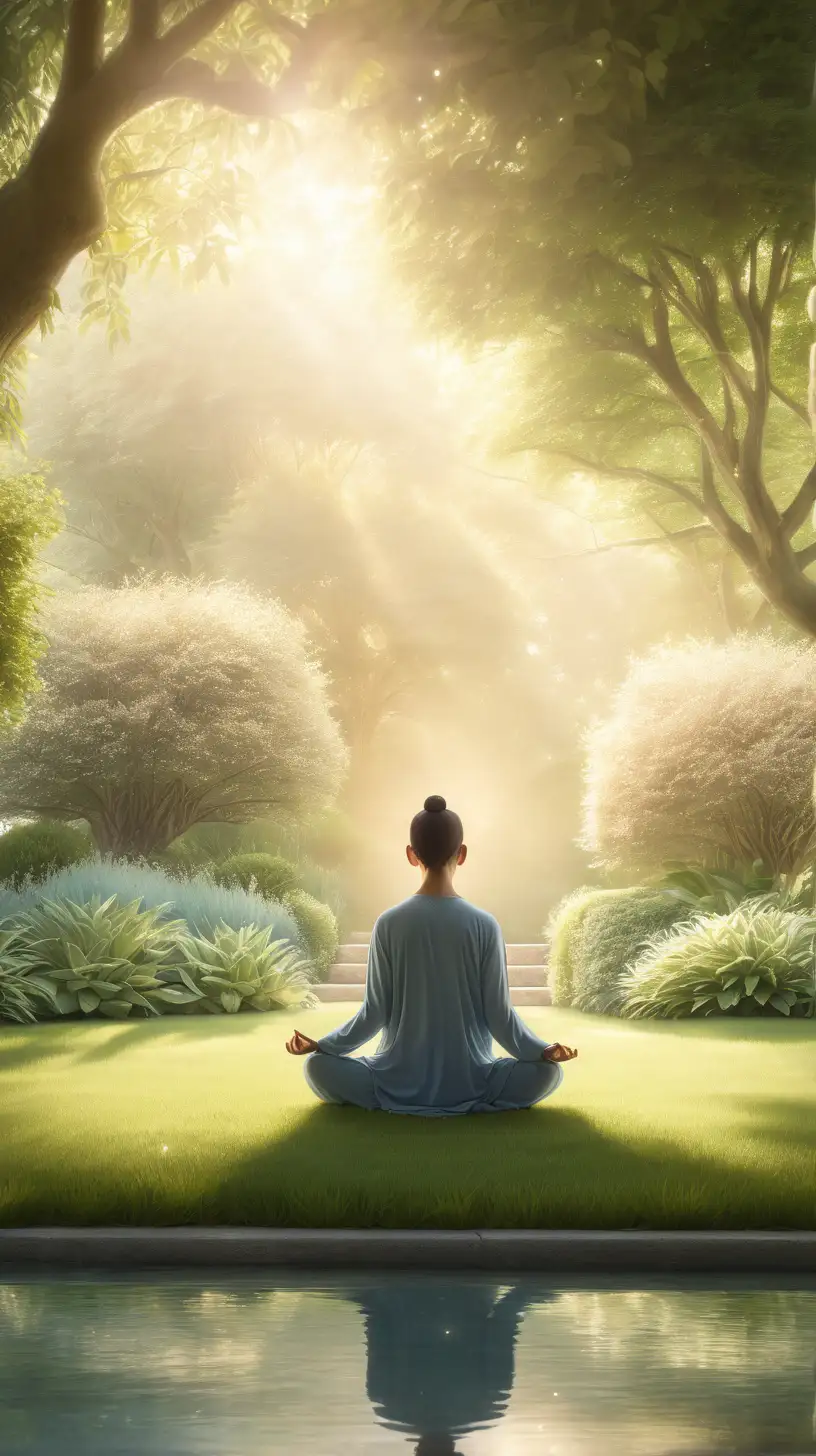 A person meditating peacefully in a serene garden, bathed in soft light, symbolizing inner calm and mental well-being