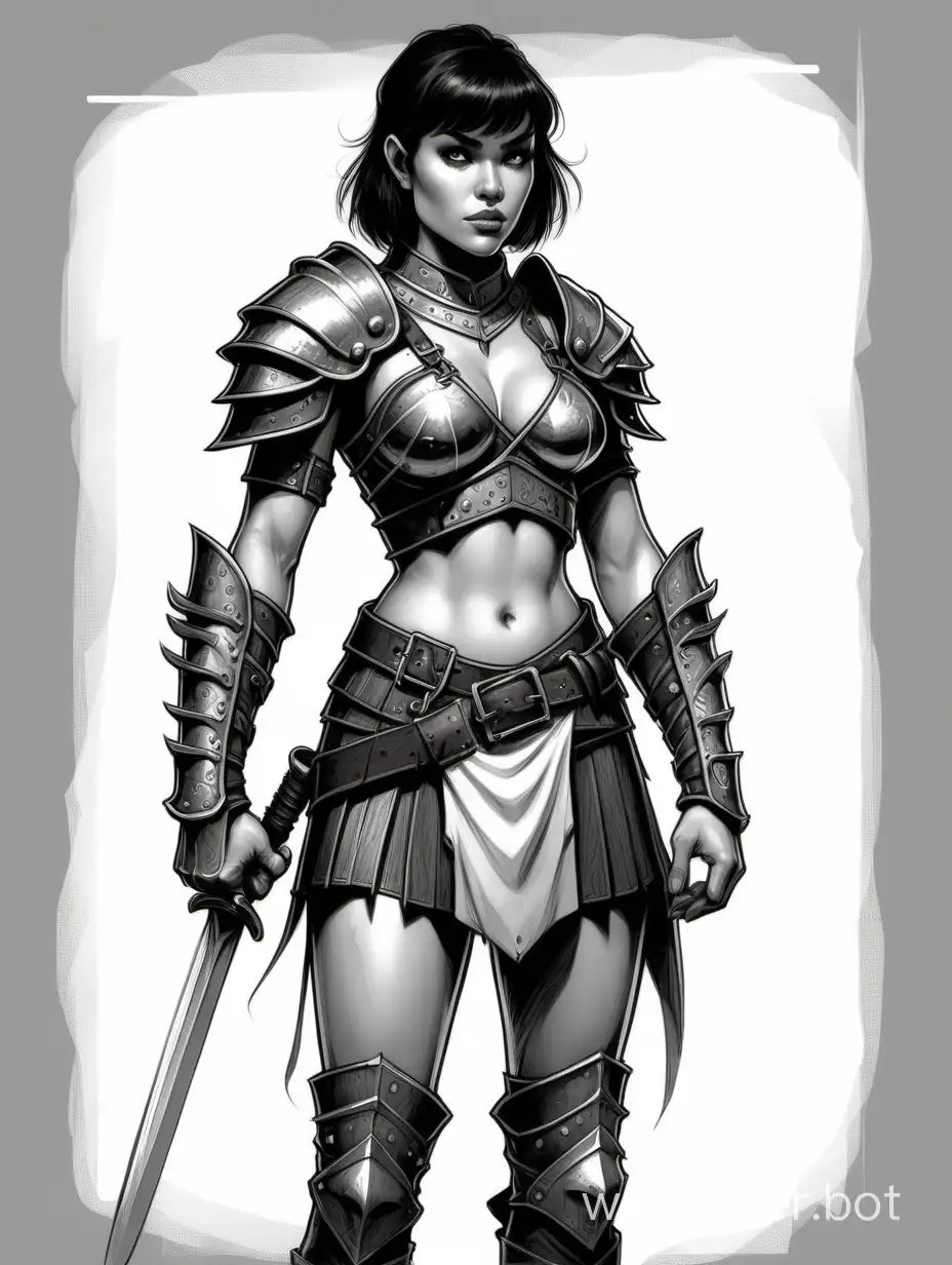 Young Keira Korpi, black and white sketch, short dark hair with bangs, 4th size chest, narrow waist, wide hips, half-orc warrior, D&D character, Lamellar armor with a deep neckline and leather overlays, bare abdomen, lion head protection on the right shoulder, light leather mini-skirt with a wide belt, 3/4 length, white background