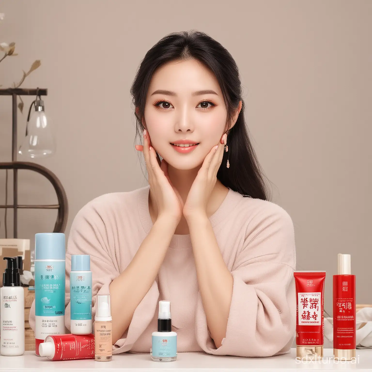 Help me generate an Asian beauty avatar with wholesale household daily necessities and Chinese text wholesale household daily necessities products.