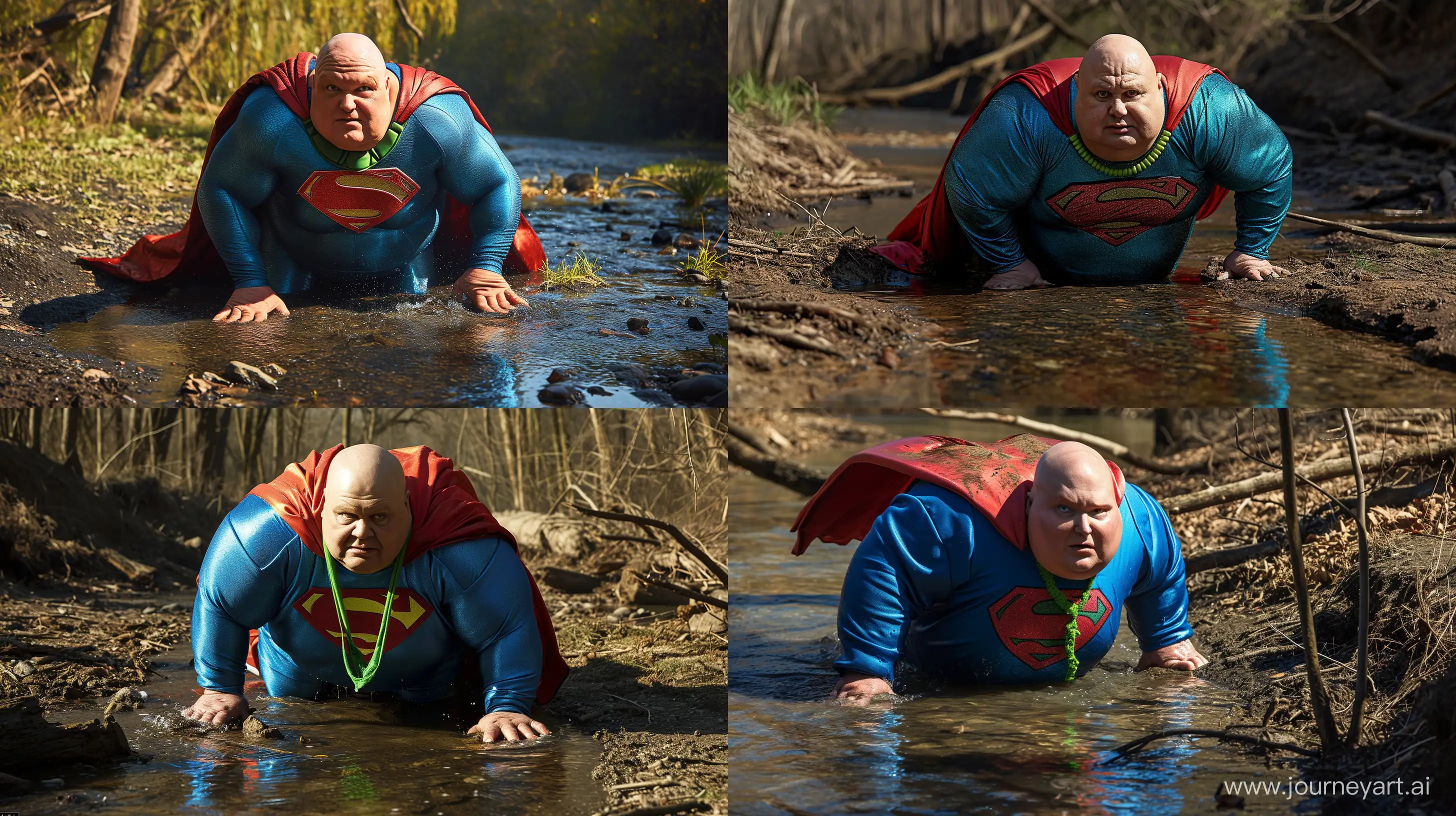 Photo of a chubby man aged 70 crawling on the ground in a stream. He is wearing a slightly shiny bright blue superman costume with a big red cape. He wears a bright green necklace. Full body shot. Clean shaven. Bald. High-quality. --style raw --ar 16:9 --v 6