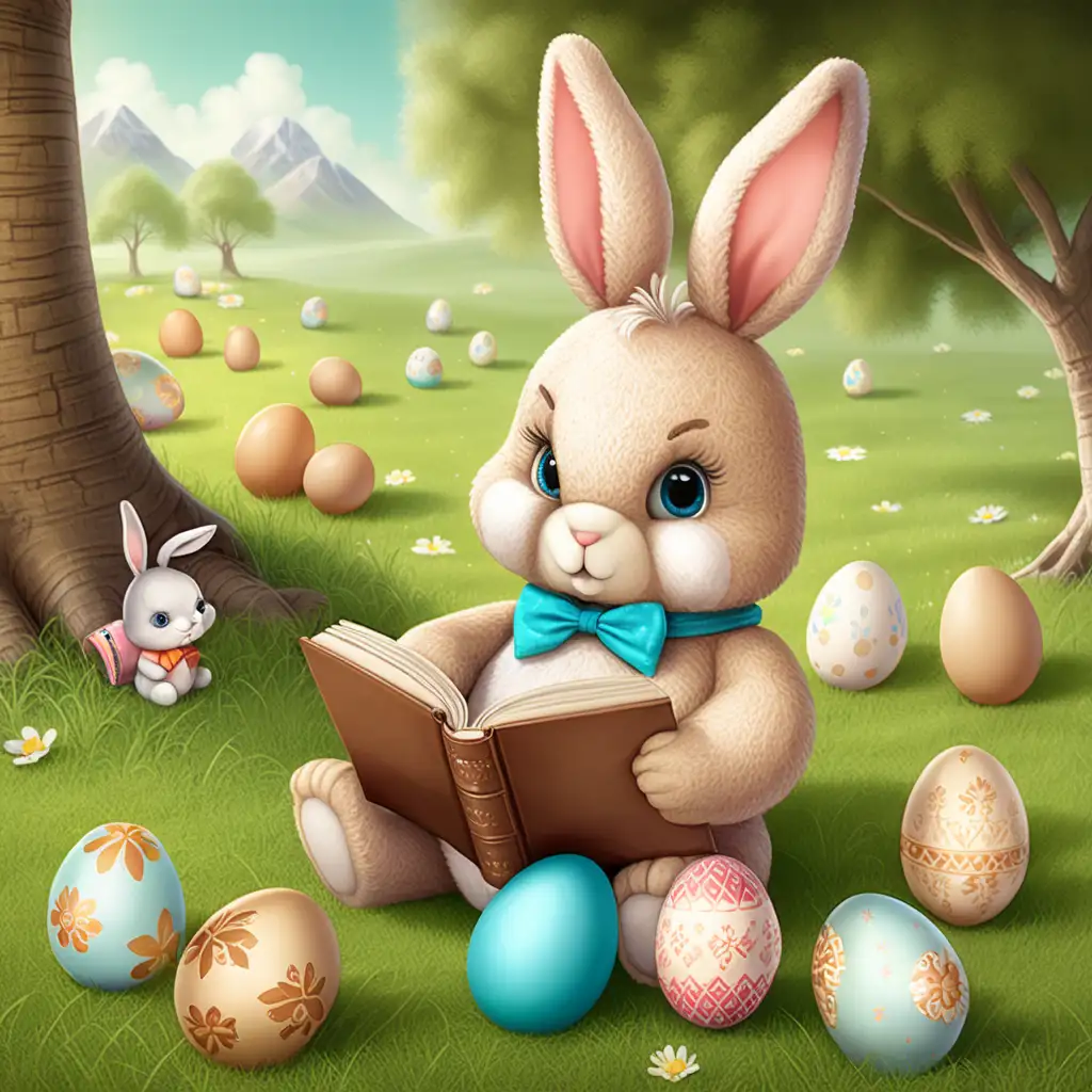 eastern cute teddy bunny reading book on the grass and around him gifts and eastern eggs