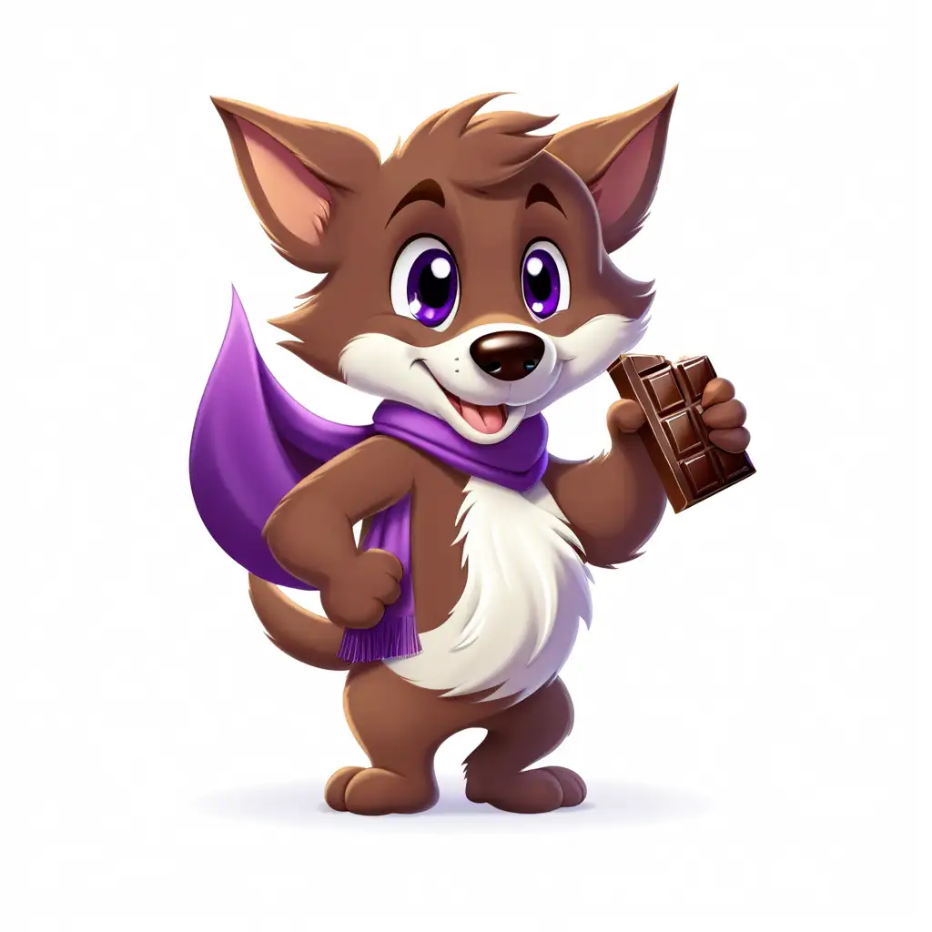 dog with purple eyes, the chest is white, he is dressed with a large, very long purple scarf tied around his neck, the ends of the scarf are hanging, In his hand he holds a large chocolate bar

