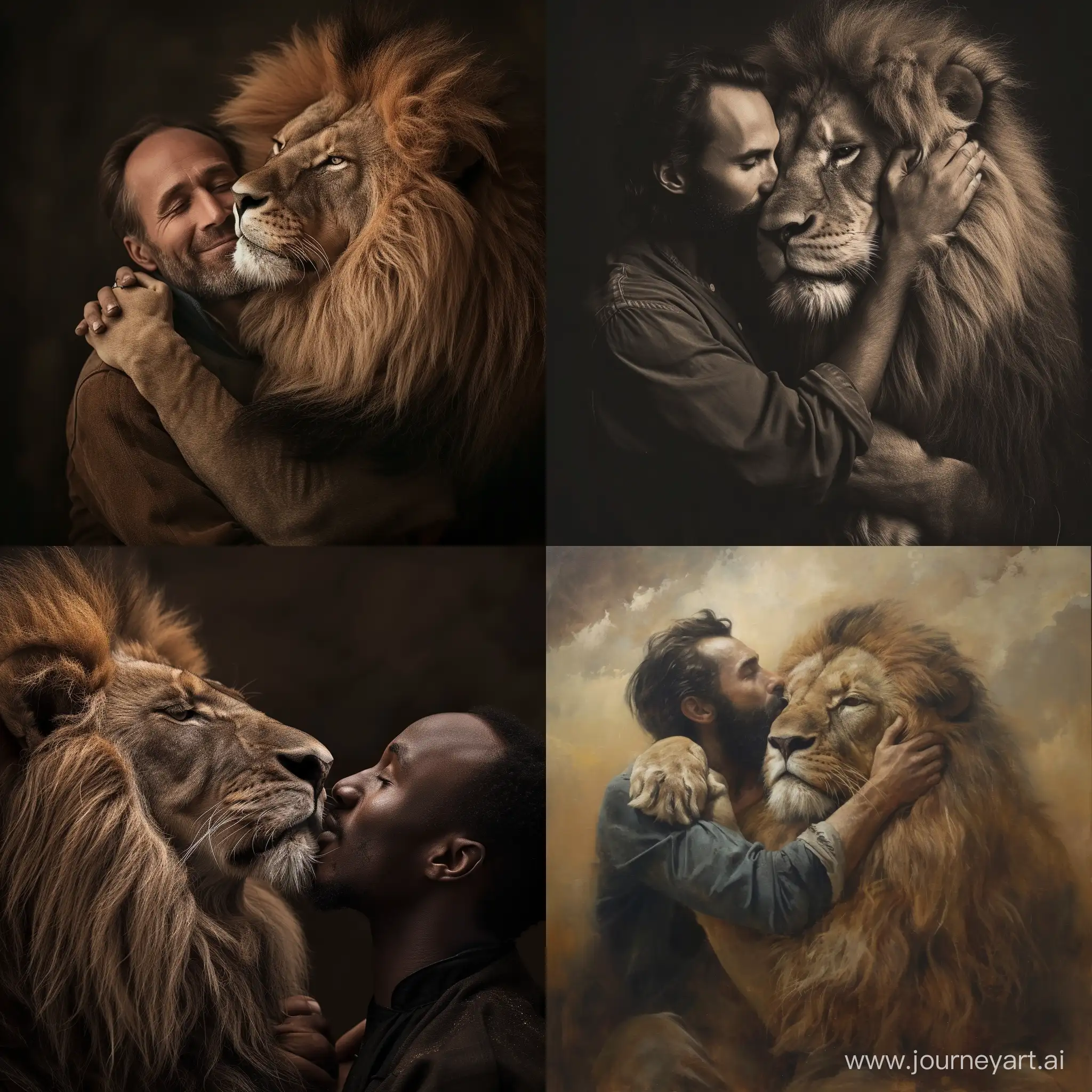 Harmonious-Bond-Between-Man-and-Majestic-Lion-in-a-Square-Composition