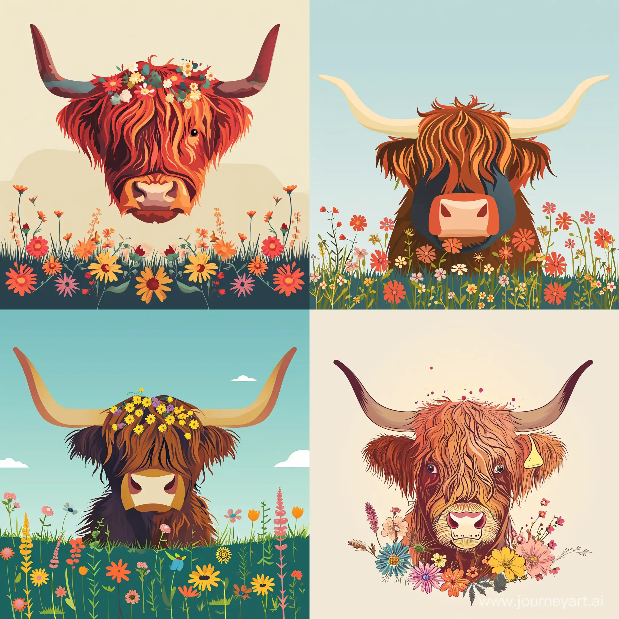 Scottish-Highland-Cow-with-Flowers-in-Minimalistic-Vector-Style