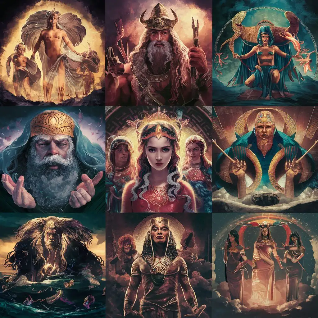 Dramatic illustrations of gods, goddesses, and mythological tales from Greek, Norse, Egyptian, and other ancient cultures.

