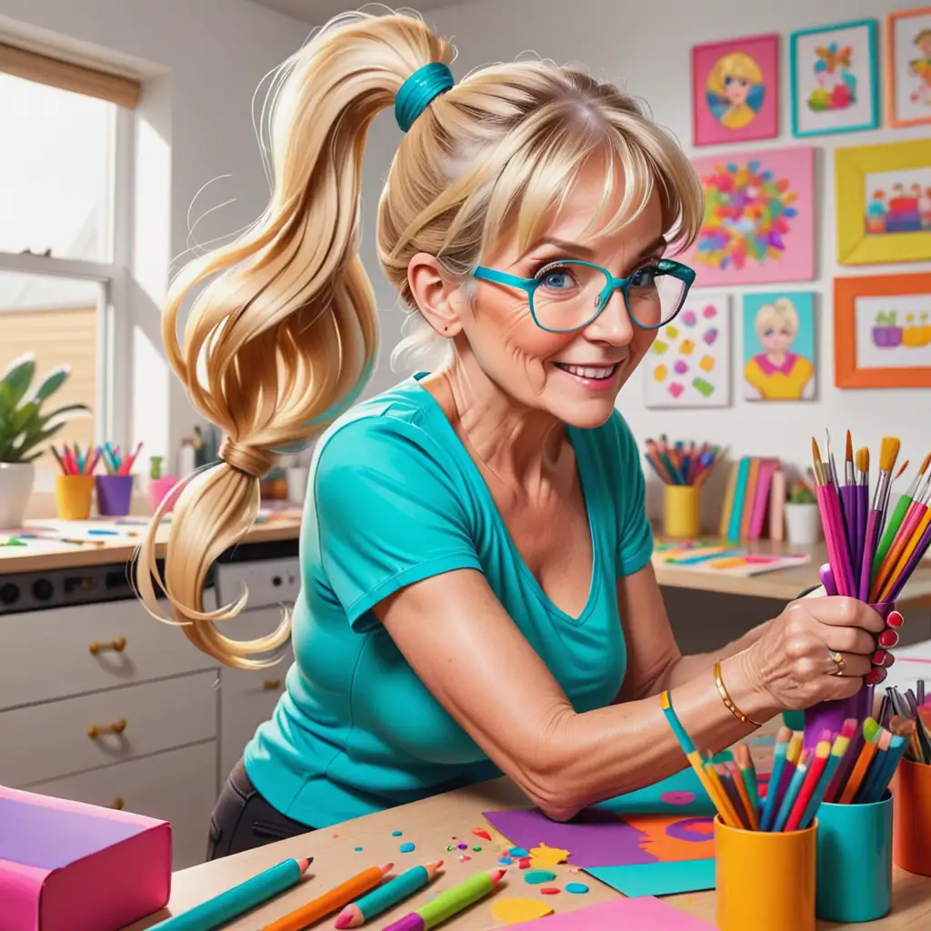 vibrant, cartoon, blonde ponytail, 60 year old woman, crafting, chaos