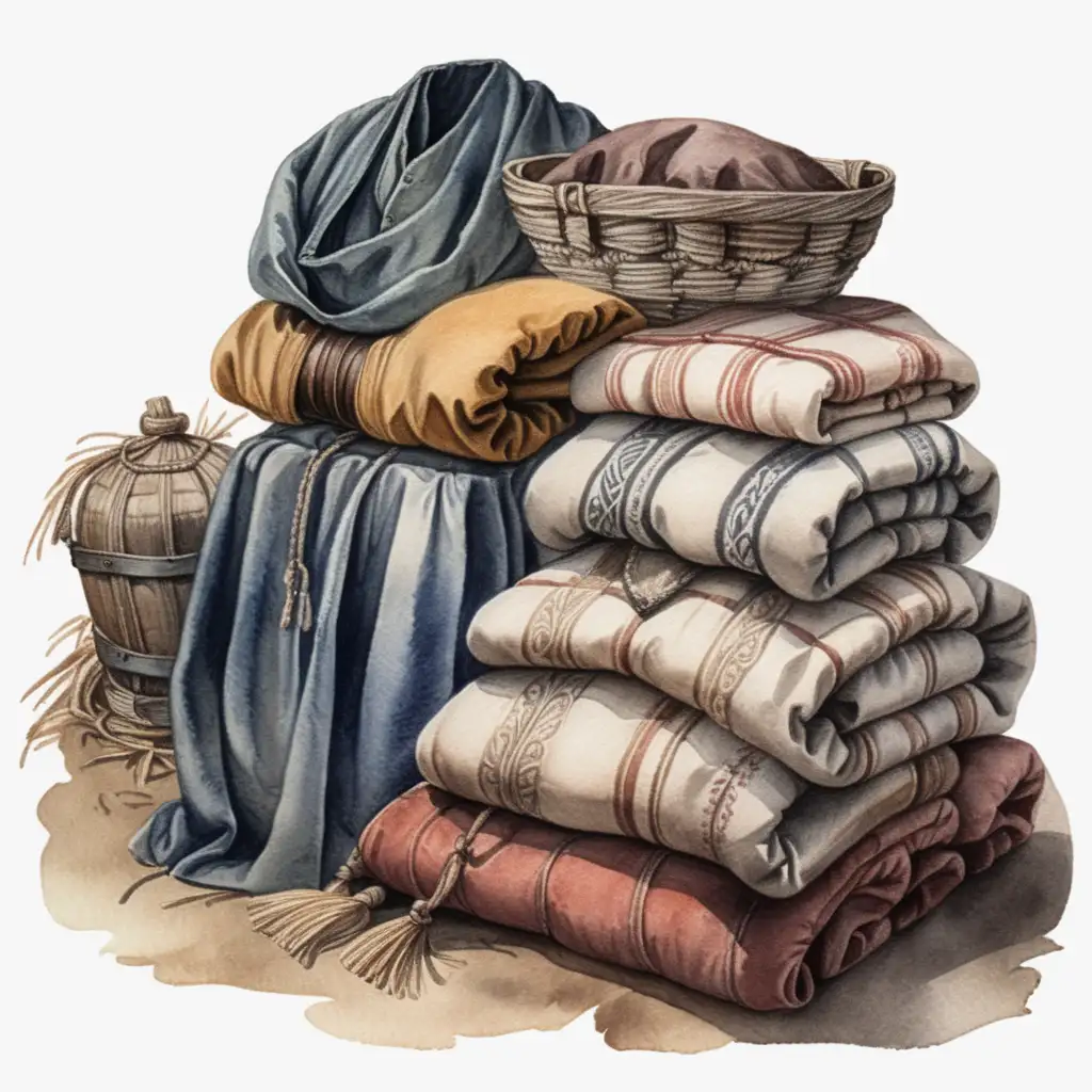 medieval peasant clothing in a pile, dark watercolor drawing, no background