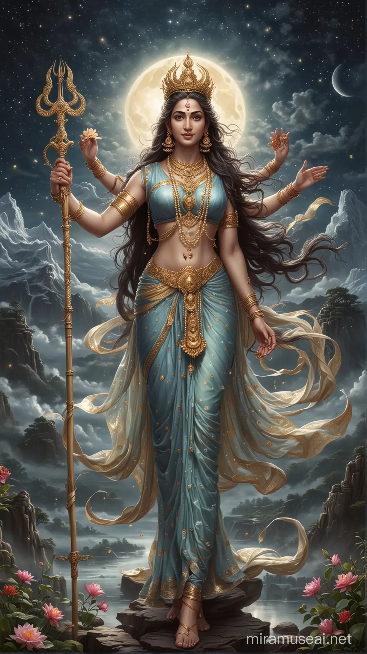 A high-quality, mesmerizing illustration of Lord Shiva and Goddess Parvati, set against a serene, celestial backdrop. Shiva is depicted in his classic form, adorned with a third eye, serpent garlands, and a crescent moon on his head. He holds a trident in one hand and a damru in the other, exuding an aura of peace and power. Parvati, by his side, is beautifully adorned with an assortment of jewelry and a crown, emanating grace and elegance. Their surroundings are an otherworldly landscape, with floating lotus flowers, celestial bodies, and a gentle halo of light.